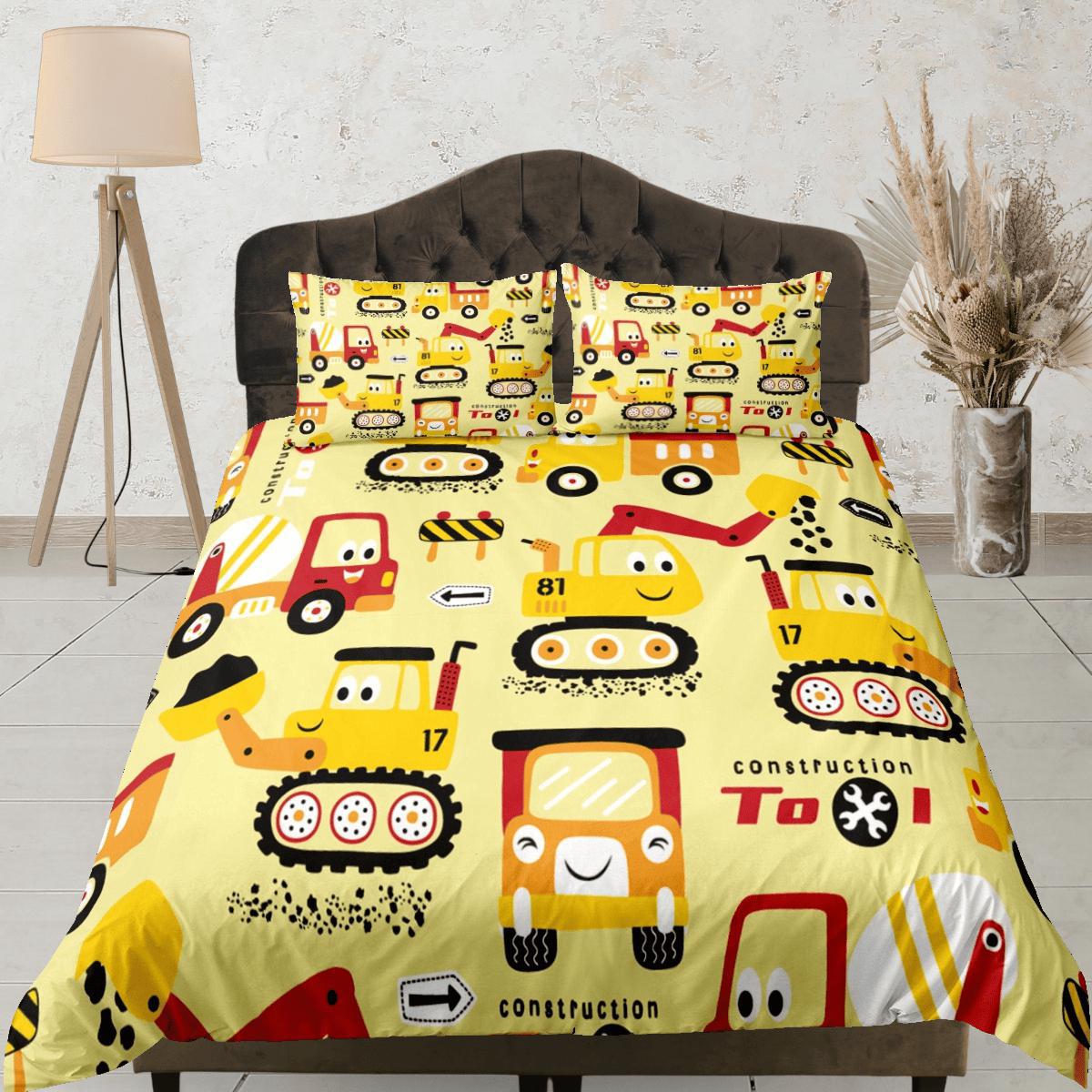 daintyduvet Cute Trucks Yellow Duvet Cover Colorful Bedspread, Kids Full Bedding Set with Pillowcase, Comforter Cover Twin