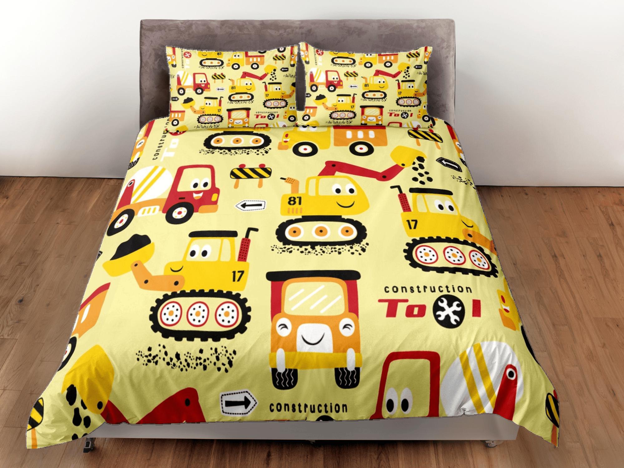 daintyduvet Cute Trucks Yellow Duvet Cover Colorful Bedspread, Kids Full Bedding Set with Pillowcase, Comforter Cover Twin