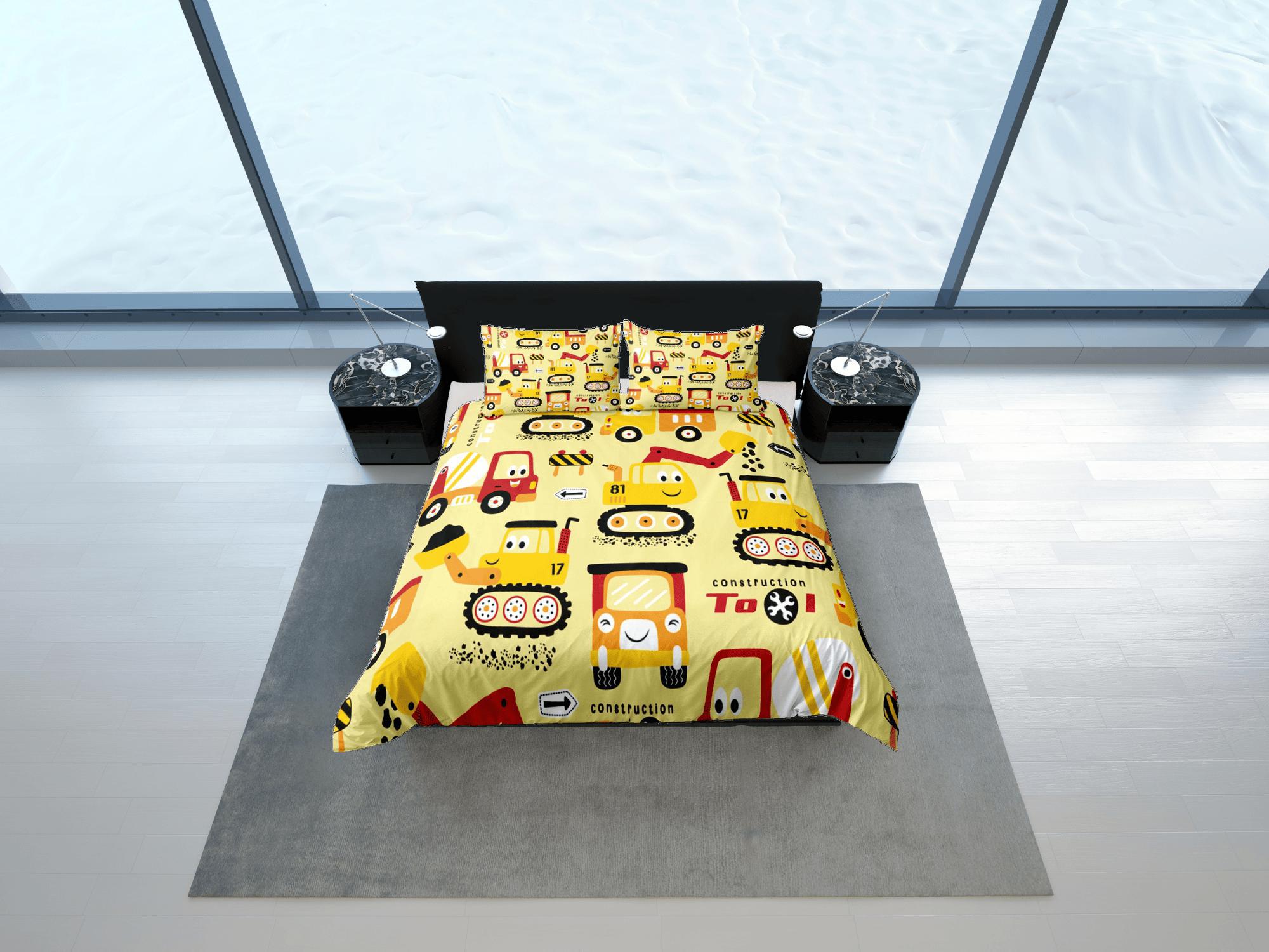 daintyduvet Cute Trucks Yellow Duvet Cover Colorful Bedspread, Kids Full Bedding Set with Pillowcase, Comforter Cover Twin