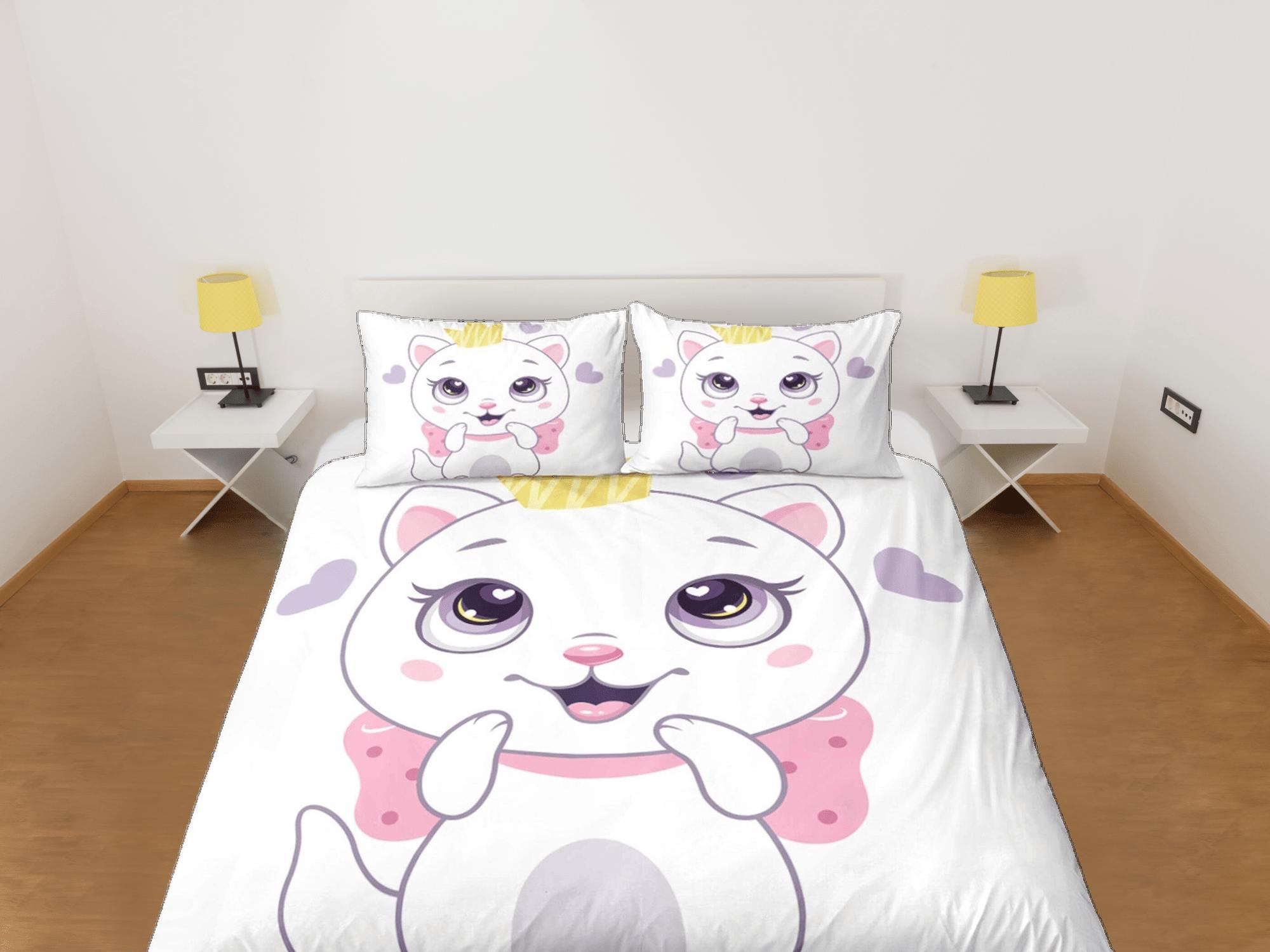 daintyduvet Cute white cat bedding, girl toddler bedding, kids duvet cover set, gift for cat lovers, baby bedding, baby shower gift