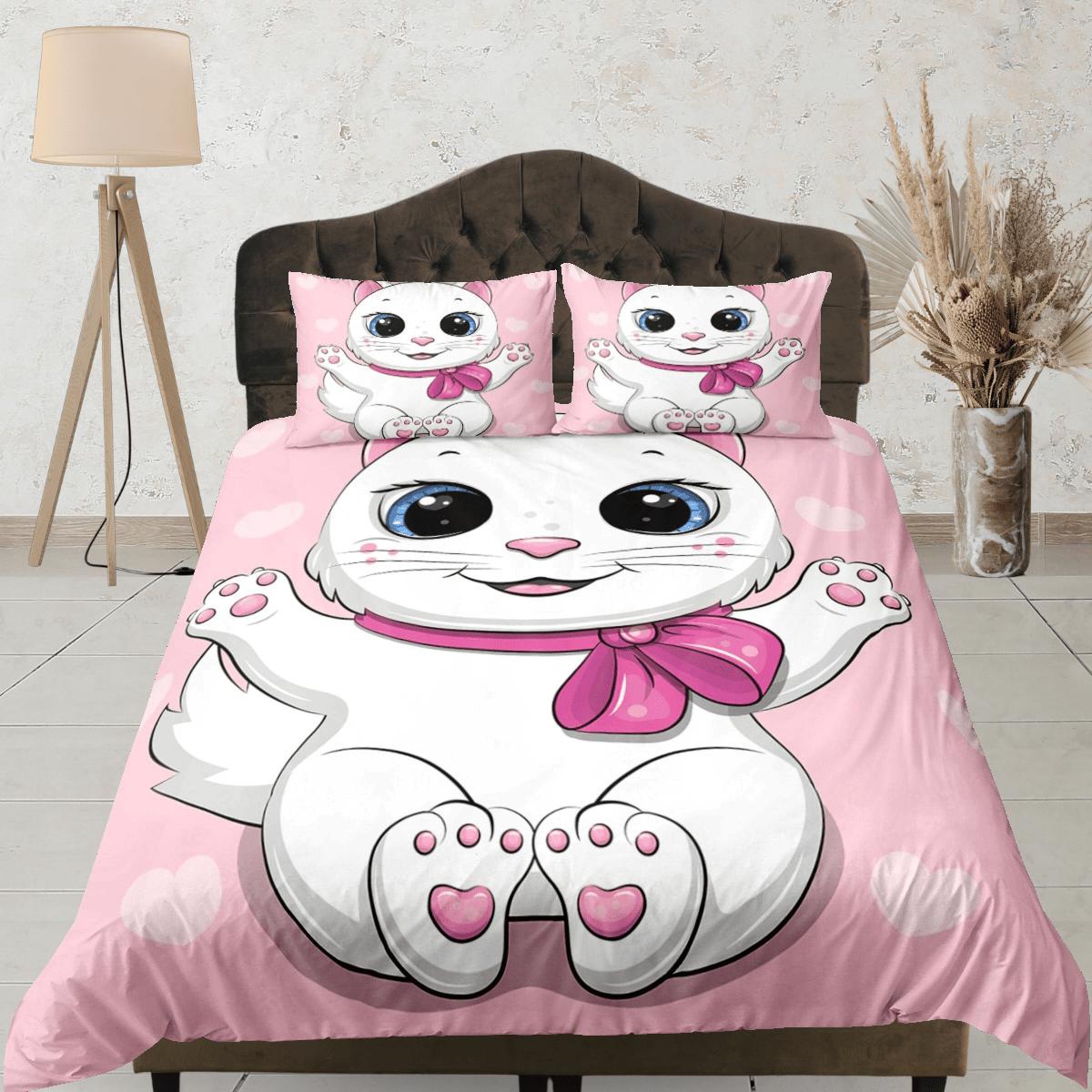 daintyduvet Cute white cat bedding pink, toddler bedding, kids duvet cover set, gift for cat lovers, baby bedding, baby shower gift, girly bedding