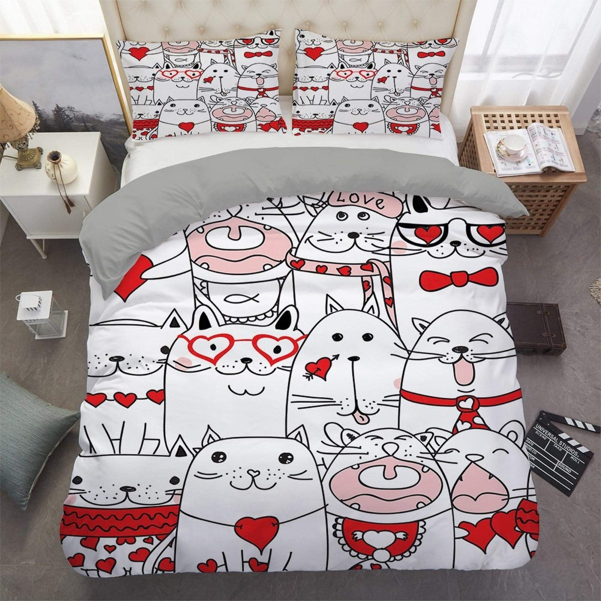daintyduvet Cute white cat bedding with red accents, toddler bedding, kids duvet cover set, gift for cat lovers, baby bedding, baby shower gift