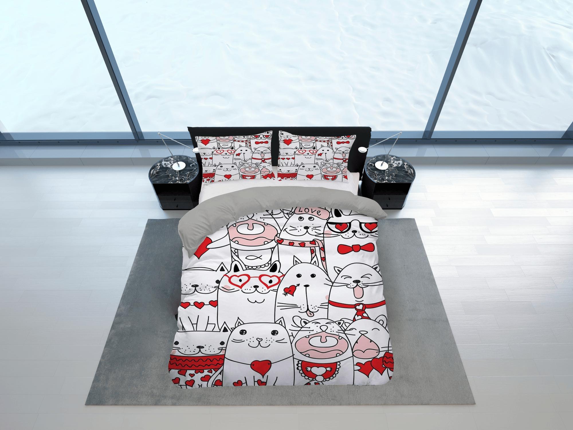 daintyduvet Cute white cat bedding with red accents, toddler bedding, kids duvet cover set, gift for cat lovers, baby bedding, baby shower gift