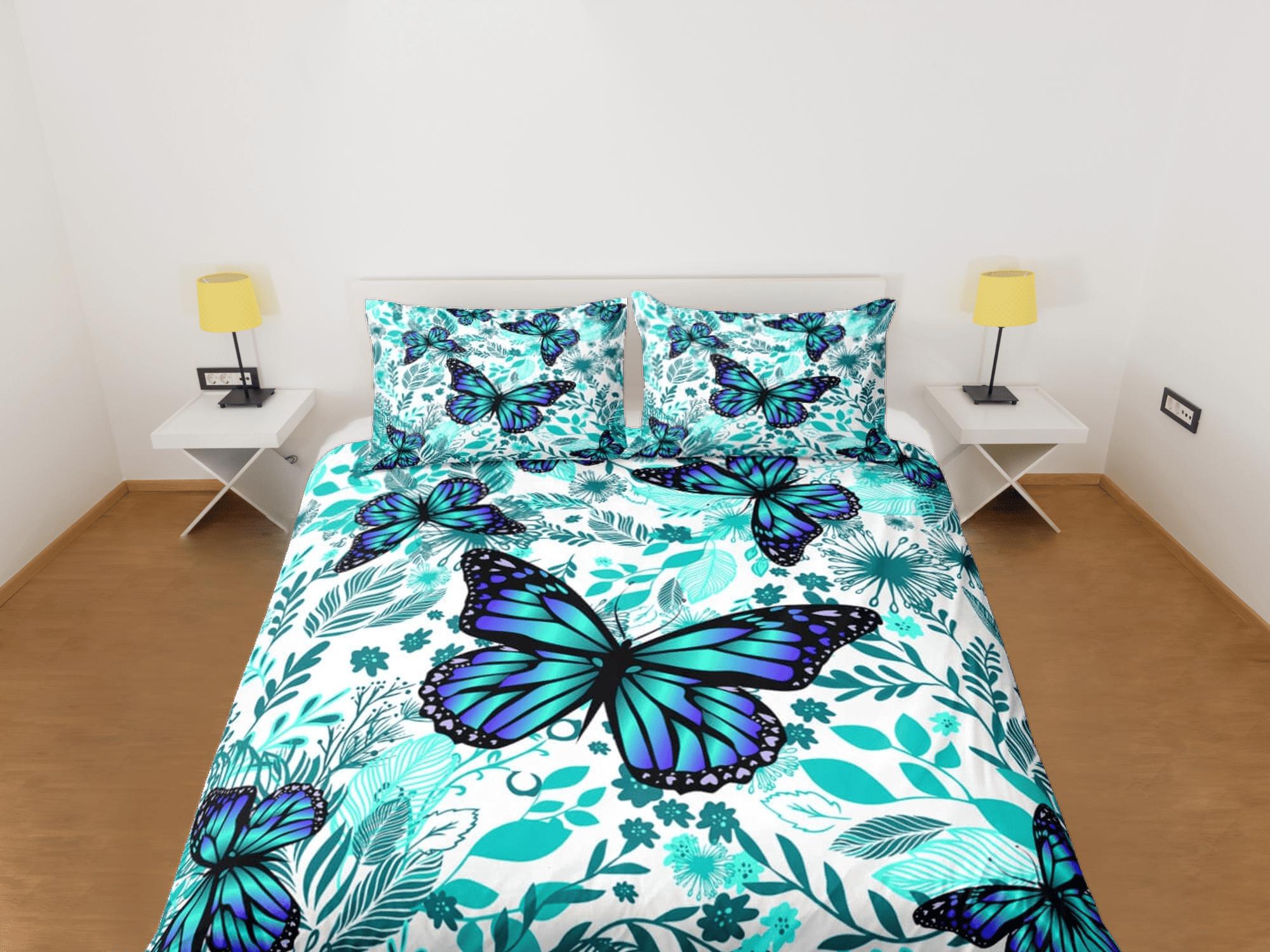 daintyduvet Cyan butterfly bedding boho chic aesthetic aqua duvet cover, dorm bedding full size adult duvet king queen twin, nursery toddler bedding