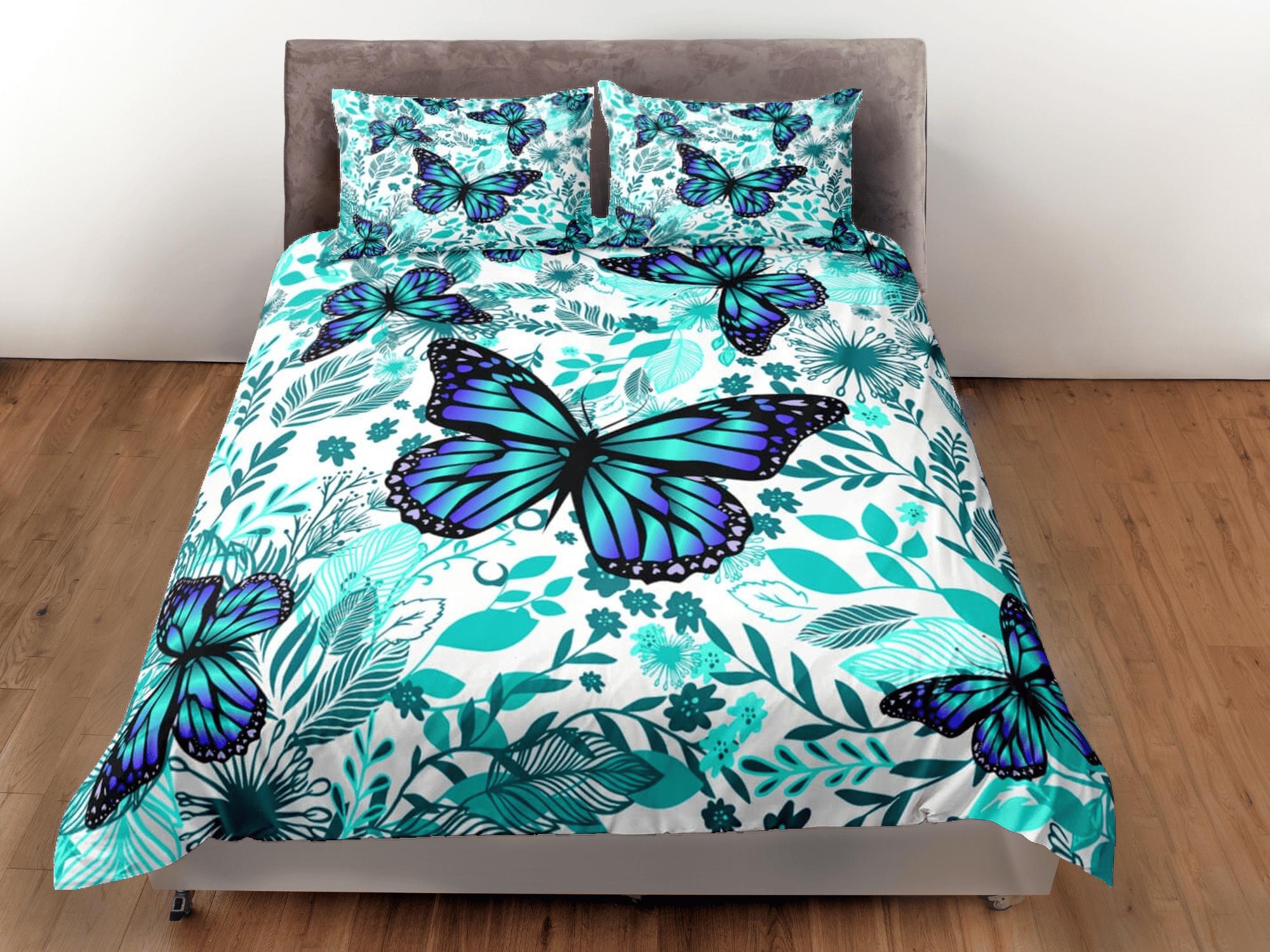 daintyduvet Cyan butterfly bedding boho chic aesthetic aqua duvet cover, dorm bedding full size adult duvet king queen twin, nursery toddler bedding