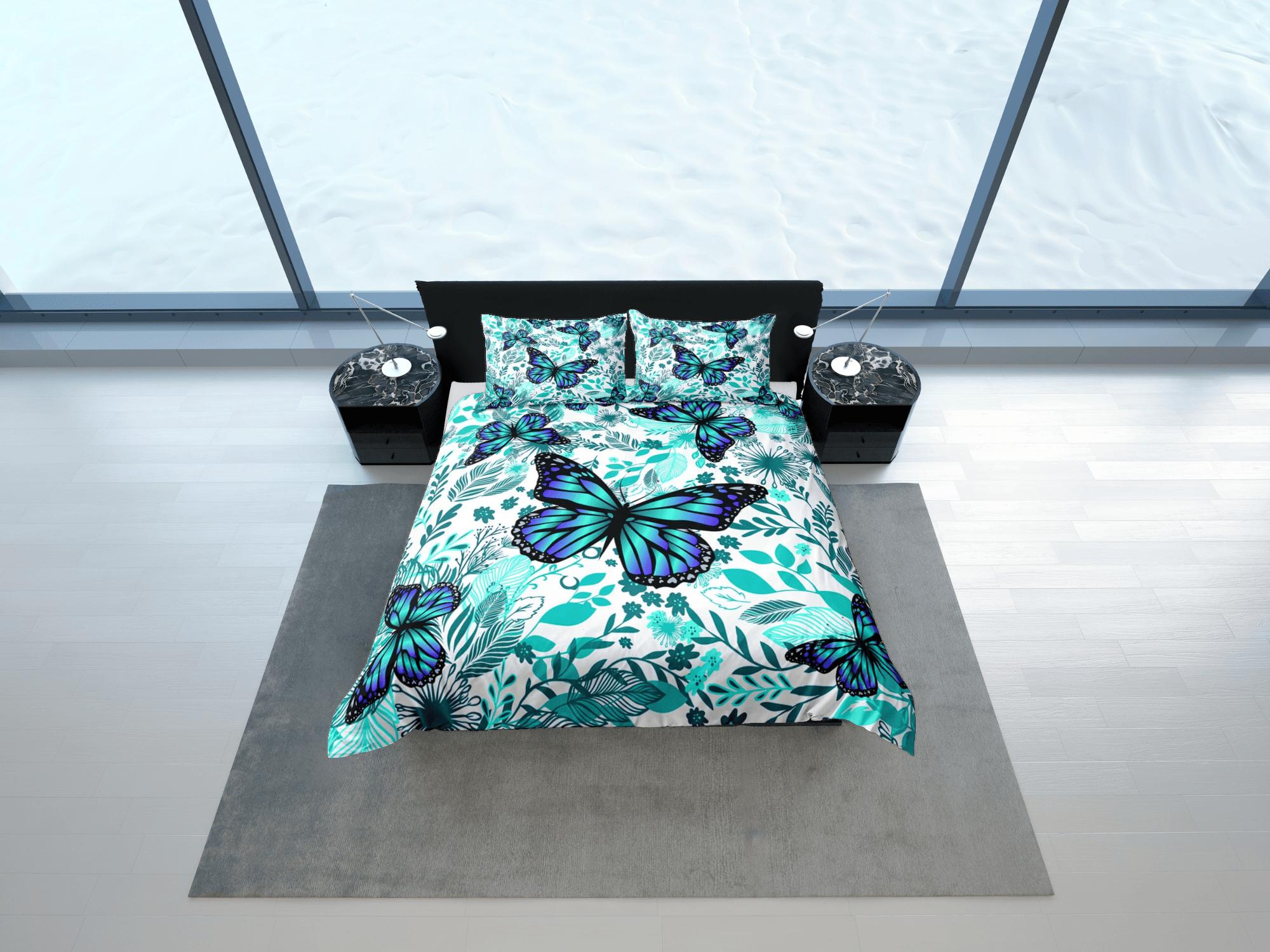 daintyduvet Cyan butterfly bedding boho chic aesthetic aqua duvet cover, dorm bedding full size adult duvet king queen twin, nursery toddler bedding