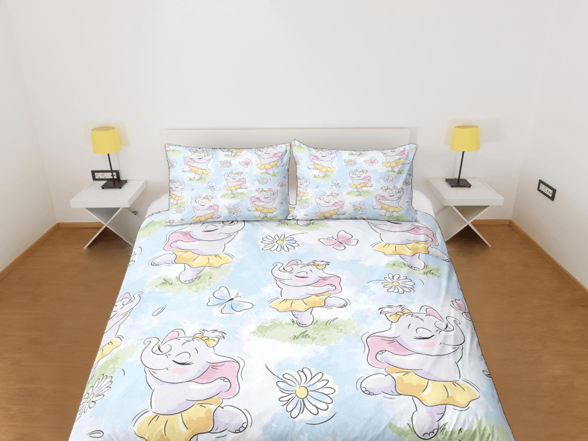daintyduvet Dancing Cute Elephant Duvet Cover Set Colorful Bedspread, Kids Full Bedding Set with Pillowcase, Comforter Cover Twin