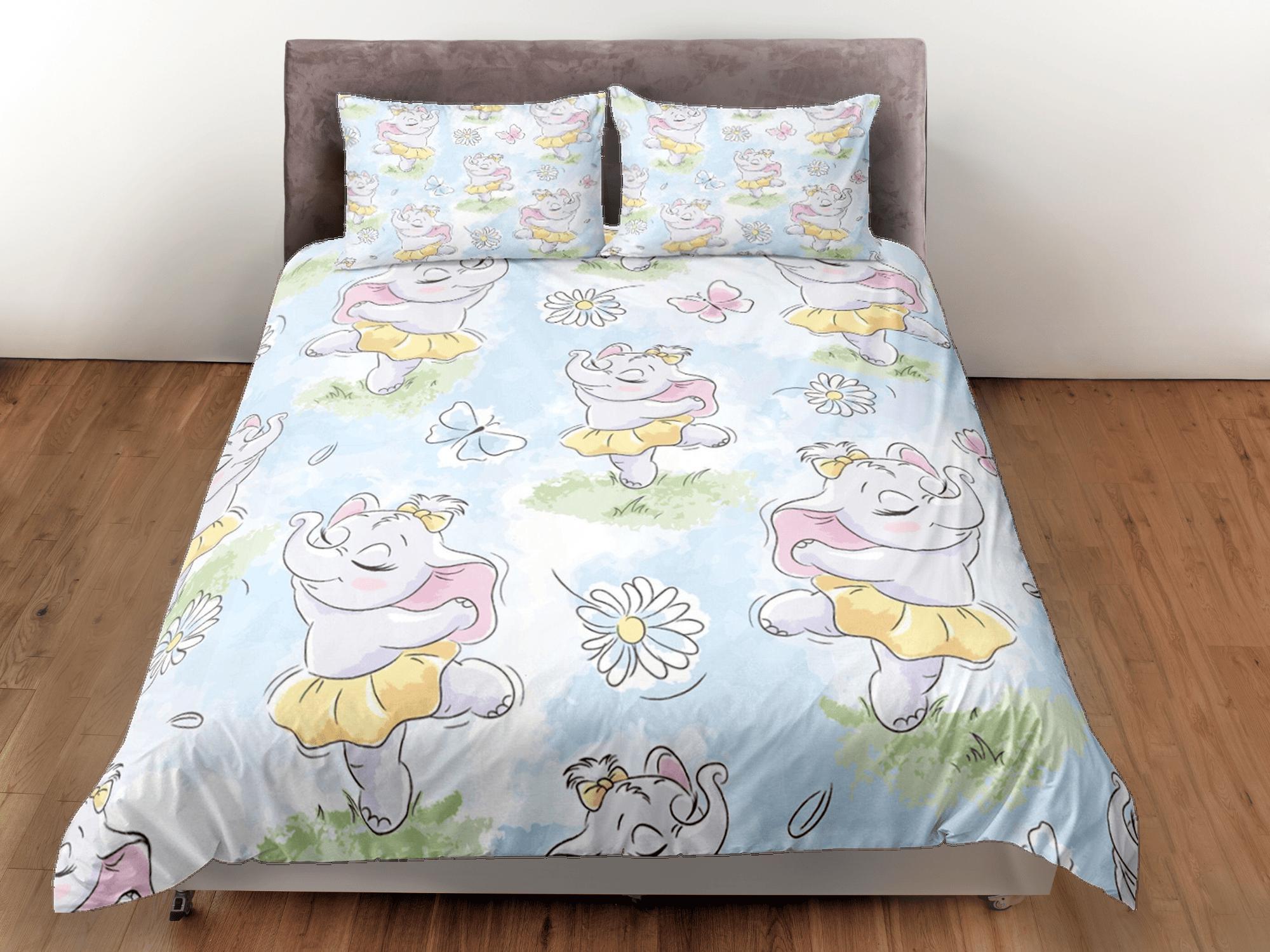 daintyduvet Dancing Cute Elephant Duvet Cover Set Colorful Bedspread, Kids Full Bedding Set with Pillowcase, Comforter Cover Twin