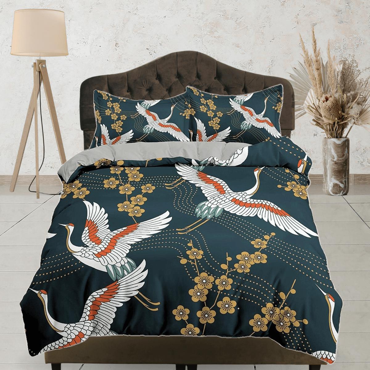 daintyduvet Dark green oriental bedding set cover, crane bird and cherry blossom floral prints on Japanese style duvet cover, king, queen, full, twin