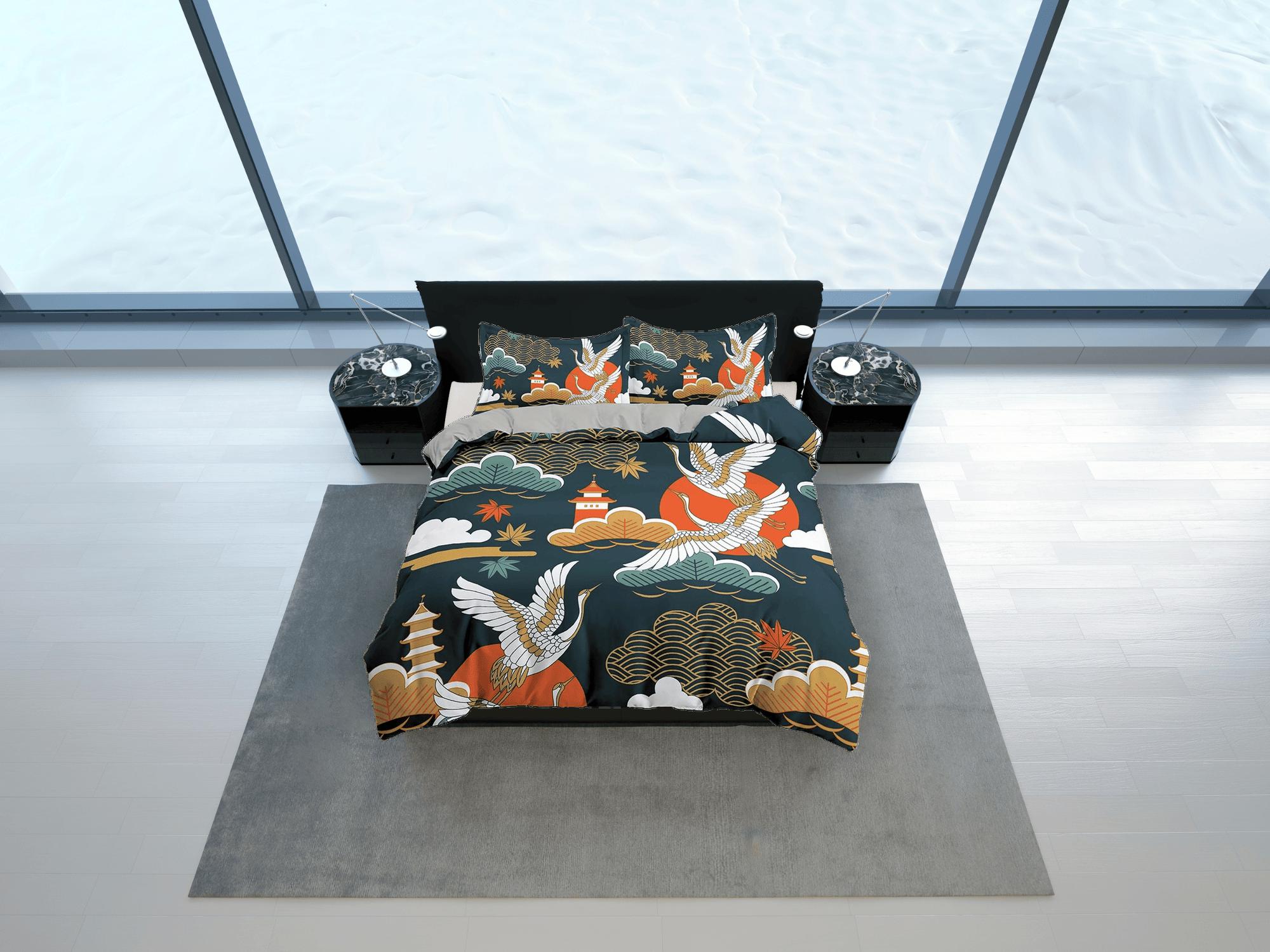 daintyduvet Dark green oriental bedding set cover, crane bird, pagoda and cherry blossom floral prints on Japanese duvet cover, king, queen, full, twin