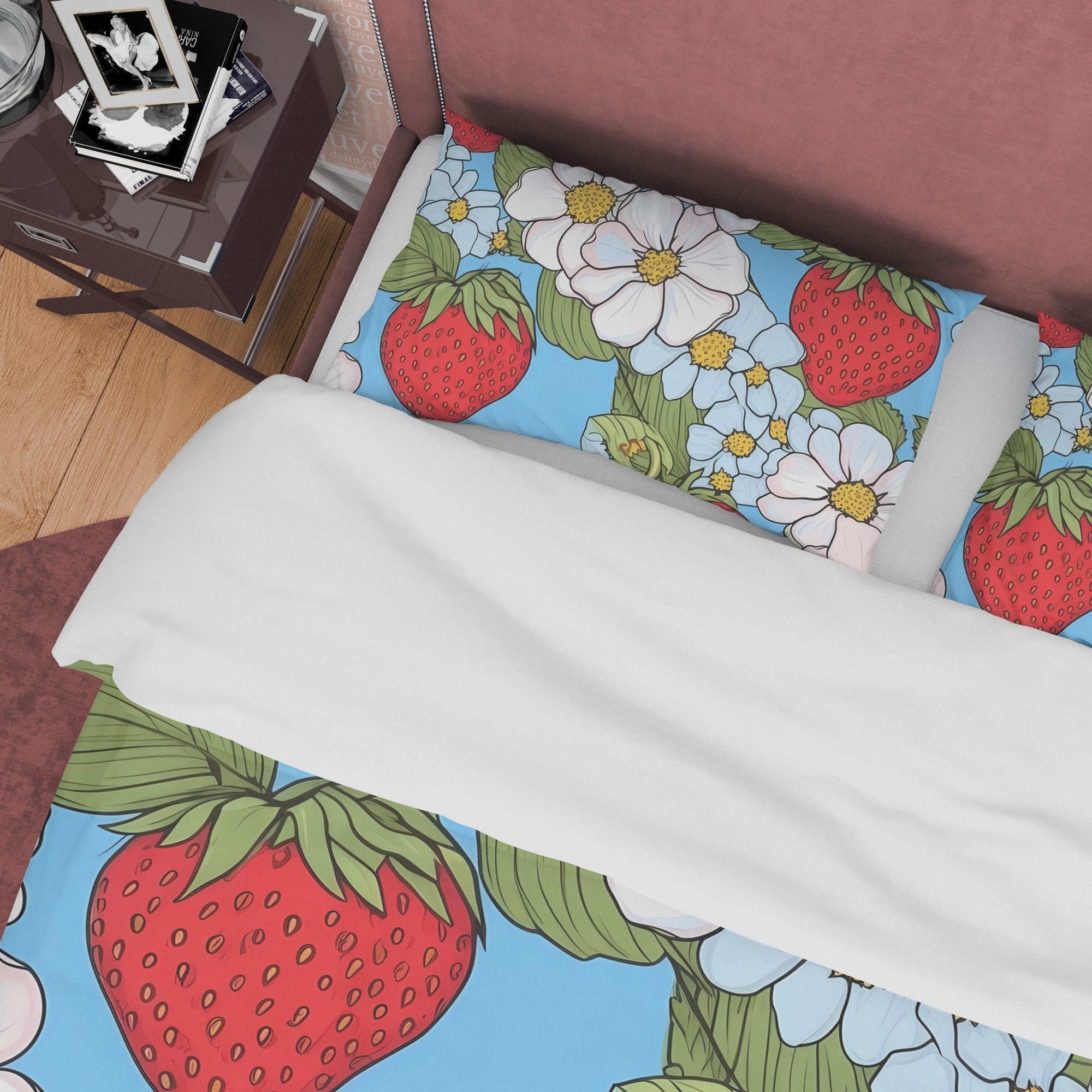Delightful Strawberry Duvet Cover Boho Bedroom Set, Cute Bedspread, Girly Quilt Cover, Dorm Bedding, Baby Girl Toddler Bedding, Foodie Gift
