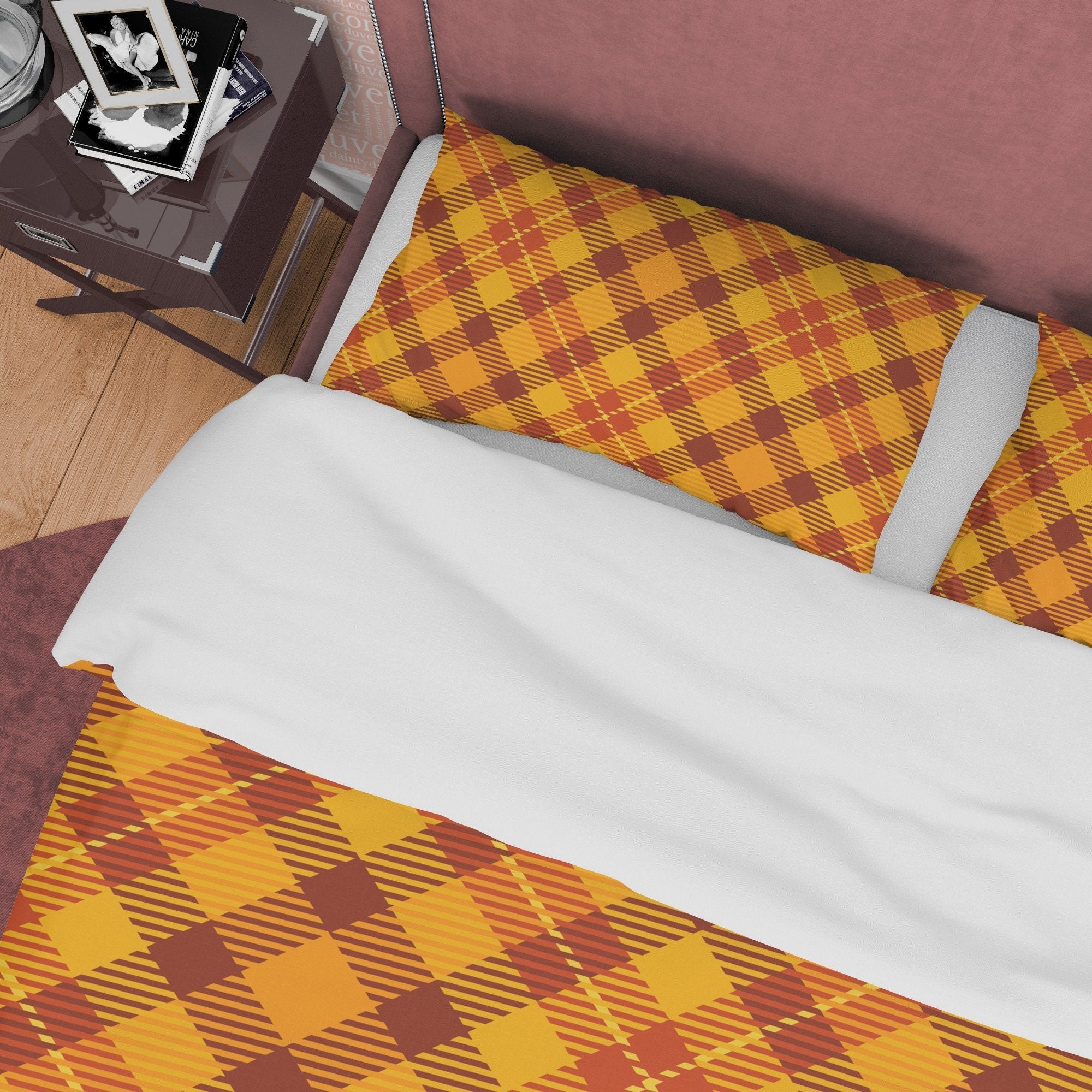 Diagonal Plaid Bedding Checkered Duvet Cover, Orange Modern Farmhouse Rustic Bedroom Set, Tartan Quilt Cover, Brown Bedspread Autumn Color