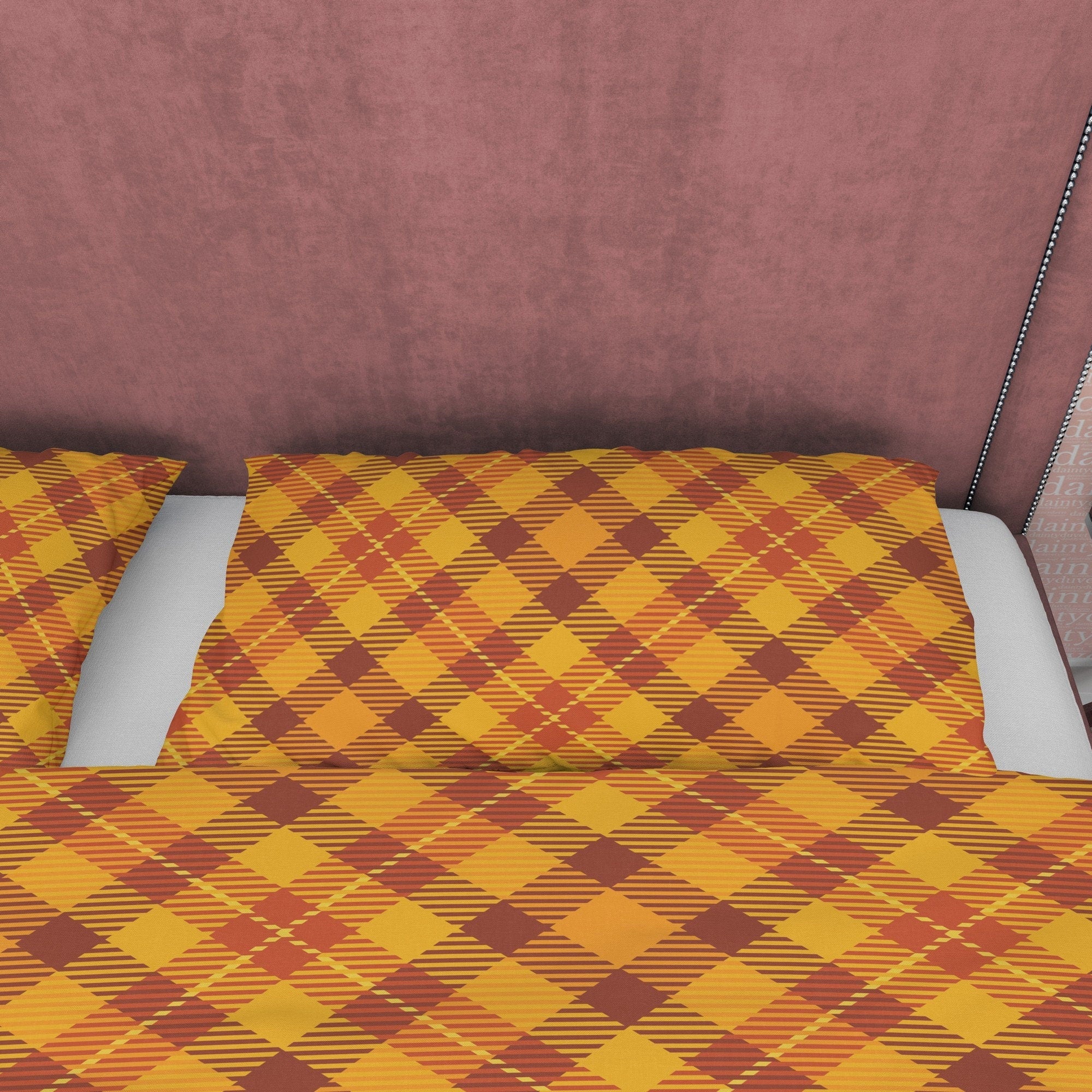 Diagonal Plaid Bedding Checkered Duvet Cover, Orange Modern Farmhouse Rustic Bedroom Set, Tartan Quilt Cover, Brown Bedspread Autumn Color