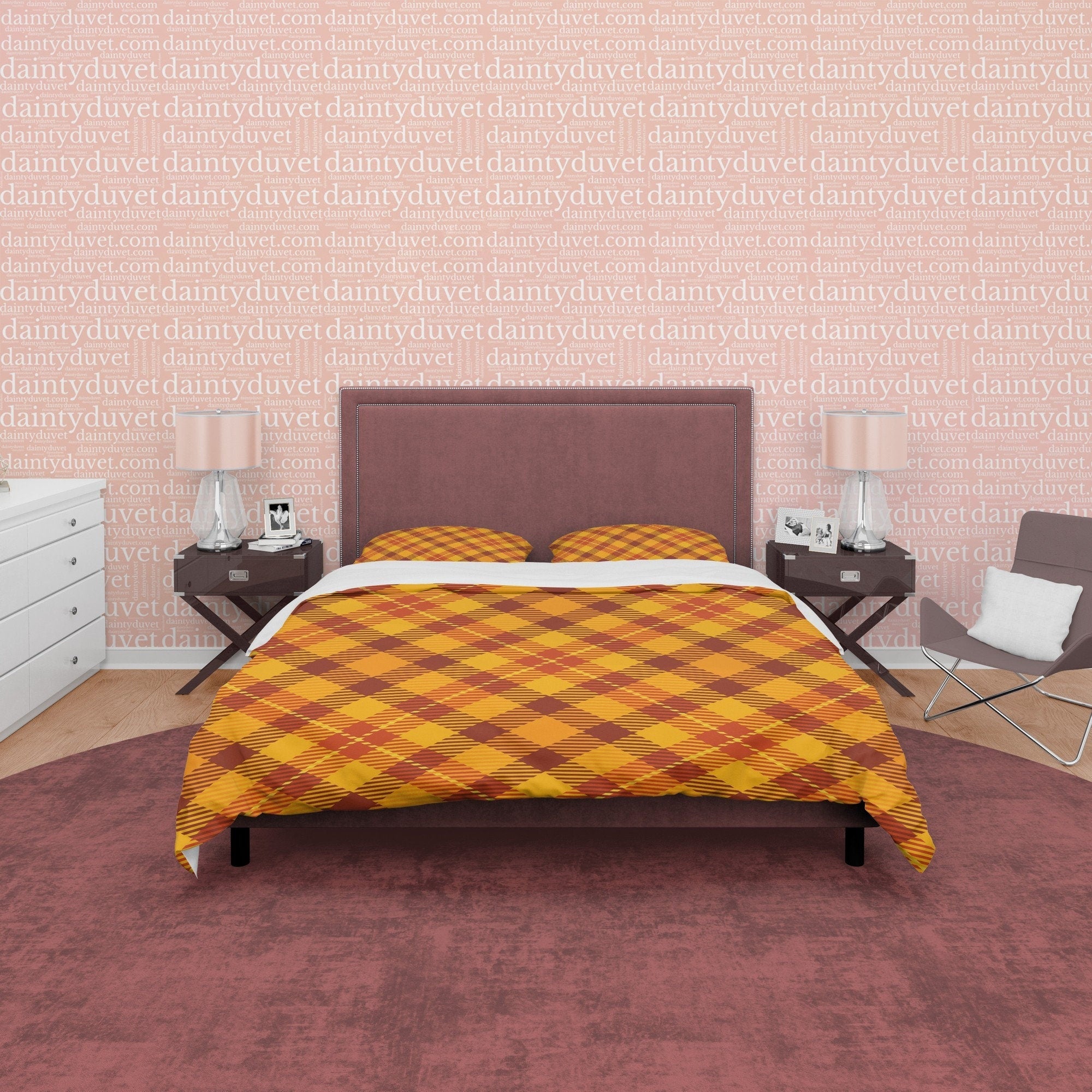 Diagonal Plaid Bedding Checkered Duvet Cover, Orange Modern Farmhouse Rustic Bedroom Set, Tartan Quilt Cover, Brown Bedspread Autumn Color