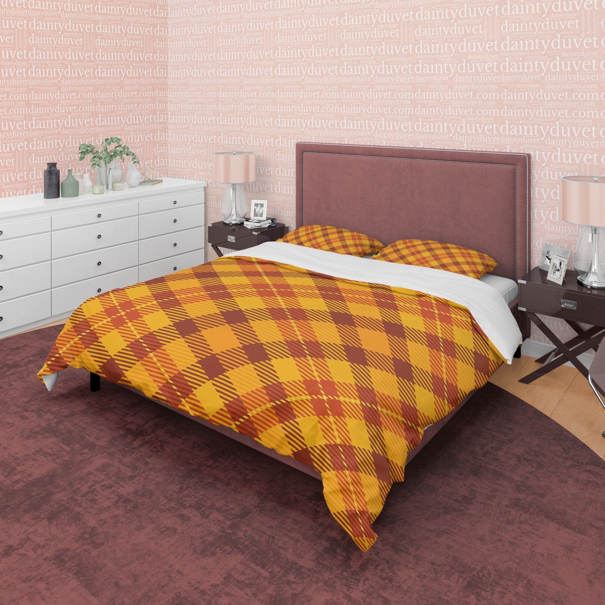 Diagonal Plaid Bedding Checkered Duvet Cover, Orange Modern Farmhouse Rustic Bedroom Set, Tartan Quilt Cover, Brown Bedspread Autumn Color