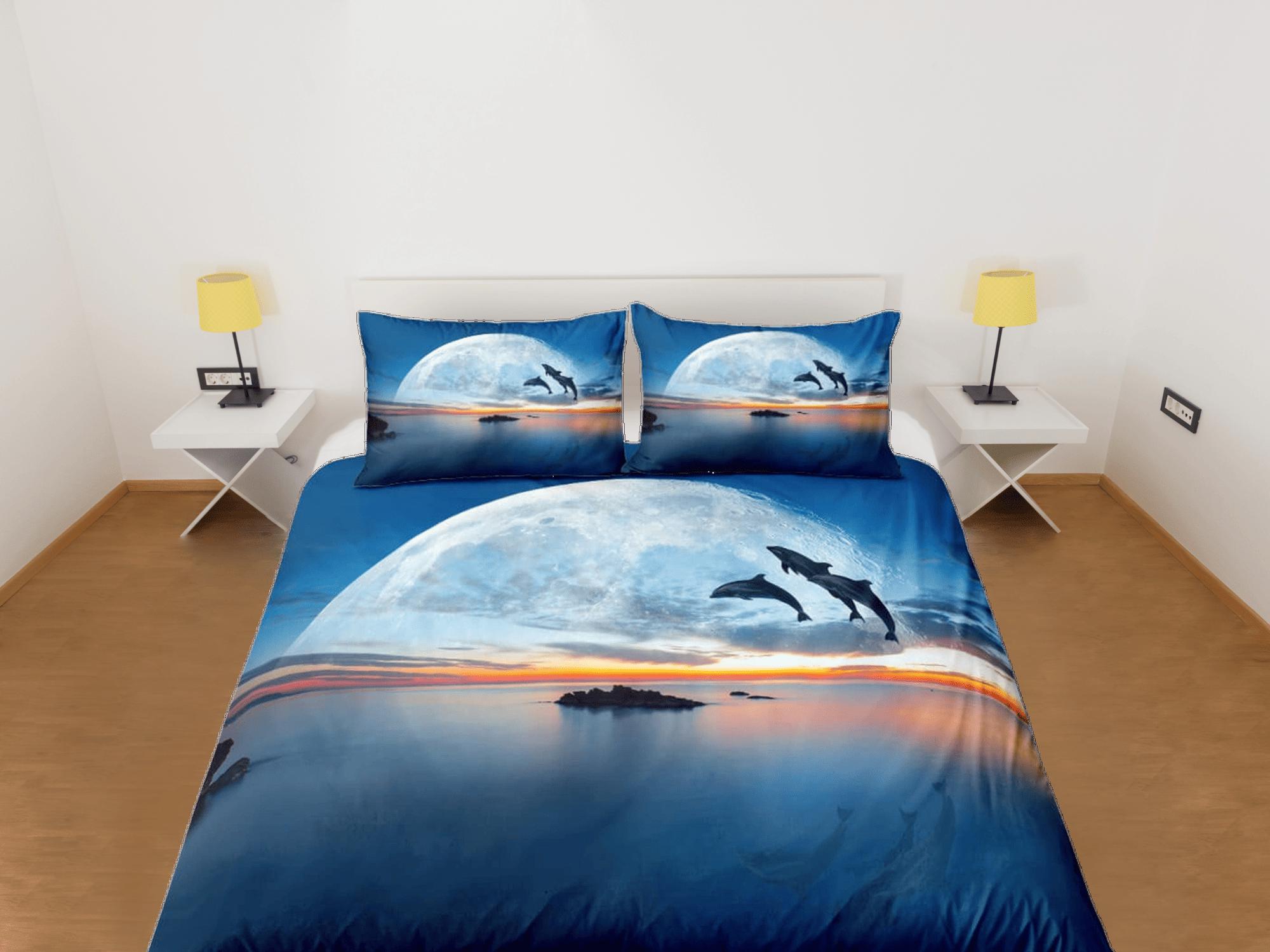 daintyduvet Dolphin dash blue moon duvet cover set galaxy bedding, space bedding set full, duvet cover king, queen, dorm bedding, toddler bedding