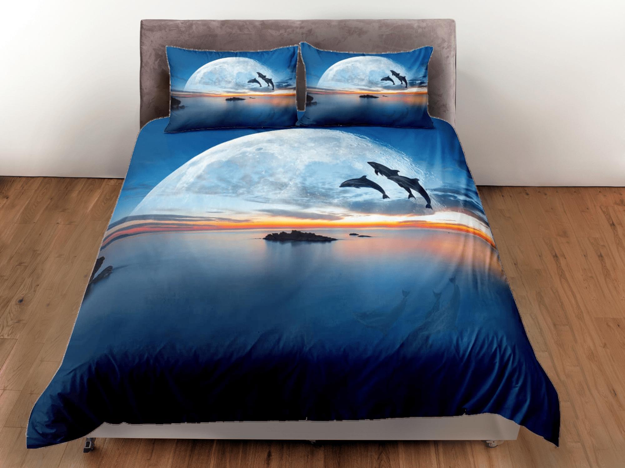 daintyduvet Dolphin dash blue moon duvet cover set galaxy bedding, space bedding set full, duvet cover king, queen, dorm bedding, toddler bedding