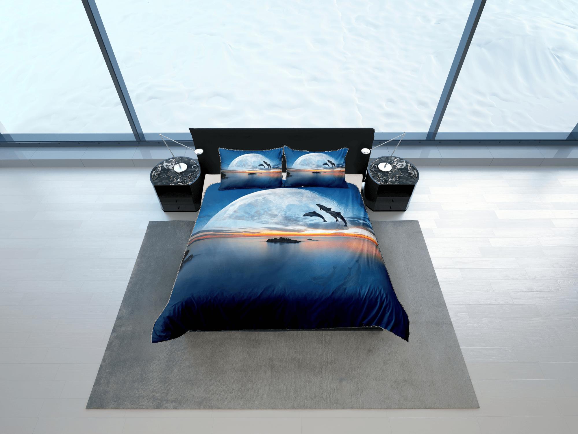 daintyduvet Dolphin dash blue moon duvet cover set galaxy bedding, space bedding set full, duvet cover king, queen, dorm bedding, toddler bedding