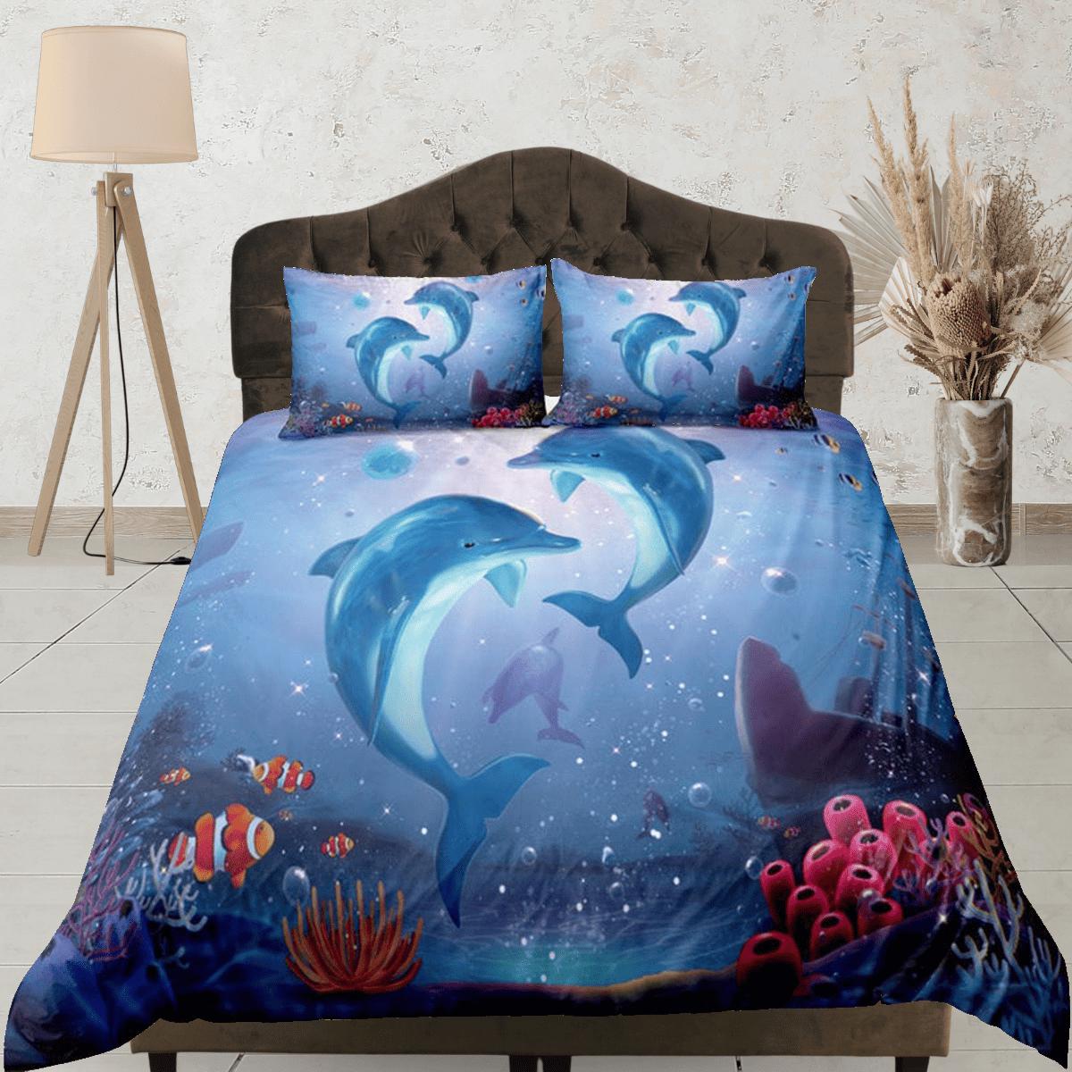 daintyduvet Dolphins & clownfish bedding duvet cover, ocean blush decor bottle nose dolphin bedding set full king queen twin, college dorm bedding gift