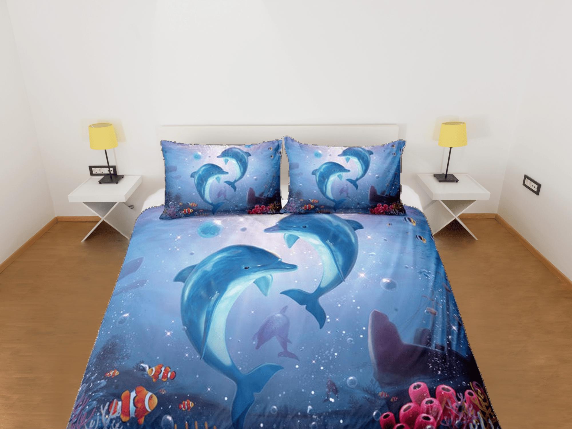 daintyduvet Dolphins & clownfish bedding duvet cover, ocean blush decor bottle nose dolphin bedding set full king queen twin, college dorm bedding gift