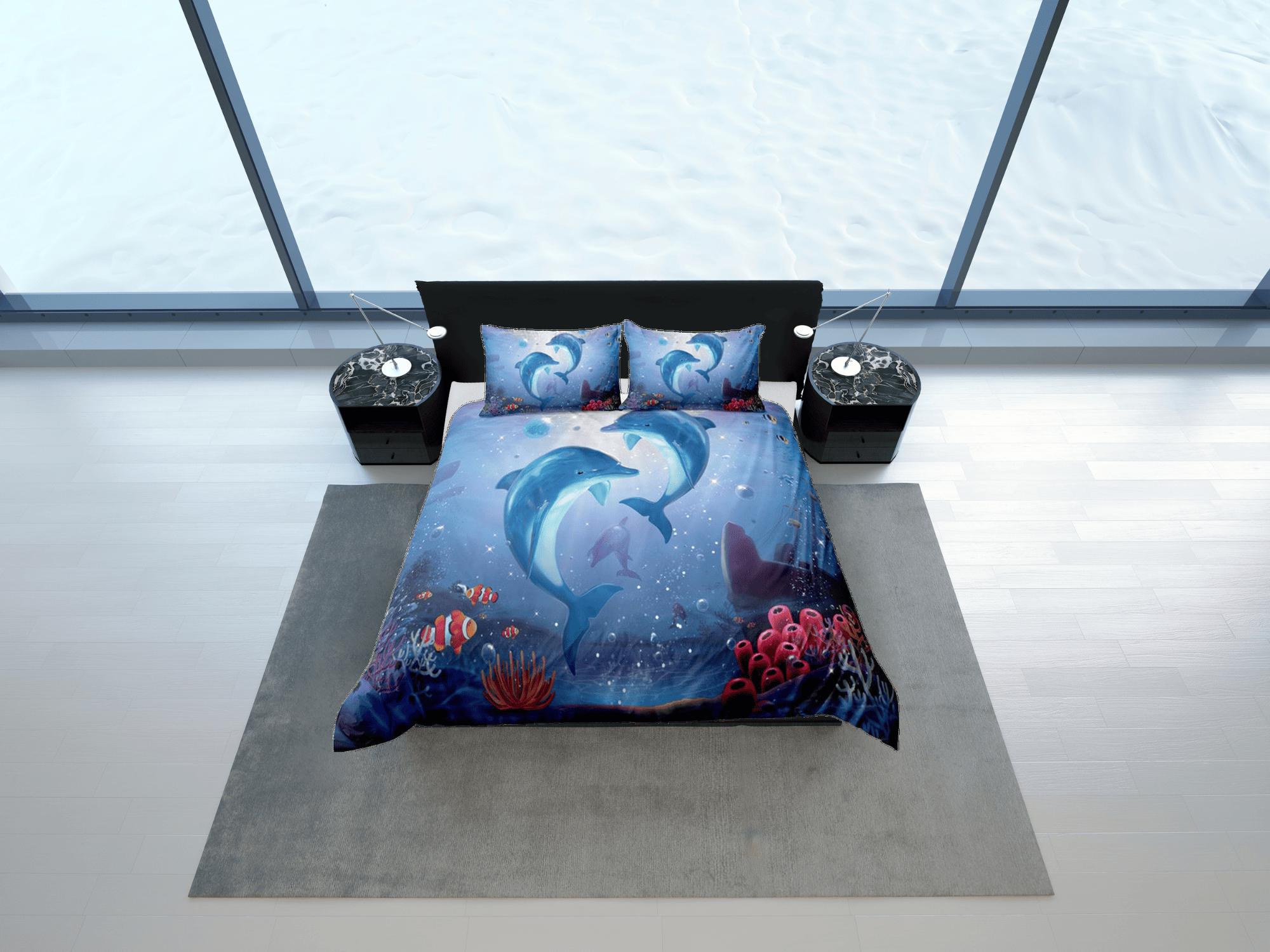 daintyduvet Dolphins & clownfish bedding duvet cover, ocean blush decor bottle nose dolphin bedding set full king queen twin, college dorm bedding gift