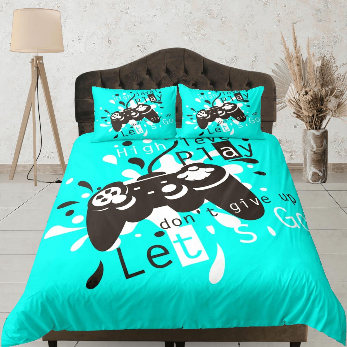 daintyduvet Dont give up gamer bedding cyan blue duvet cover, video gamer boyfriend gift bedding set full king queen twin, boys bedroom, dorm bedding