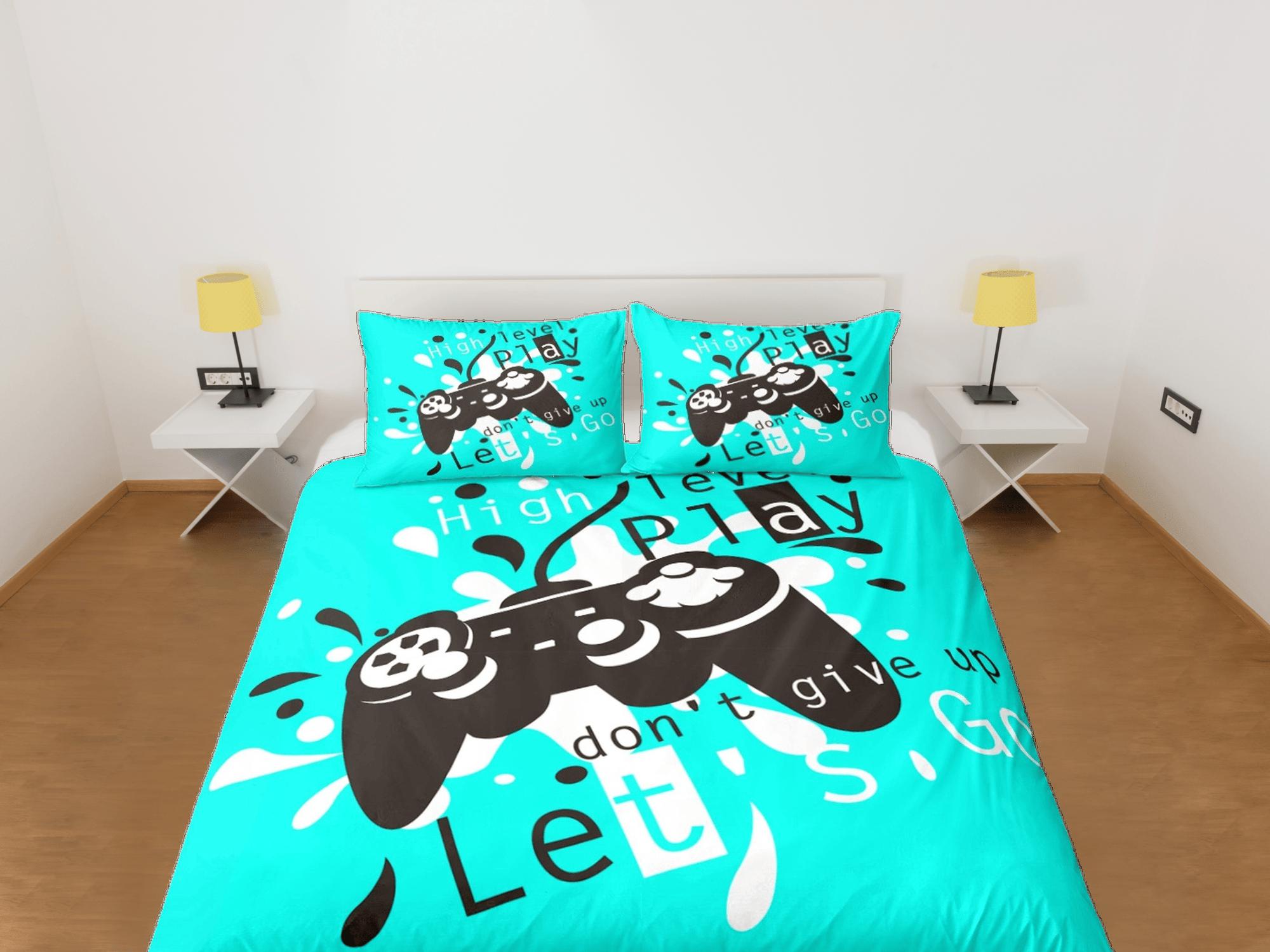 daintyduvet Dont give up gamer bedding cyan blue duvet cover, video gamer boyfriend gift bedding set full king queen twin, boys bedroom, dorm bedding