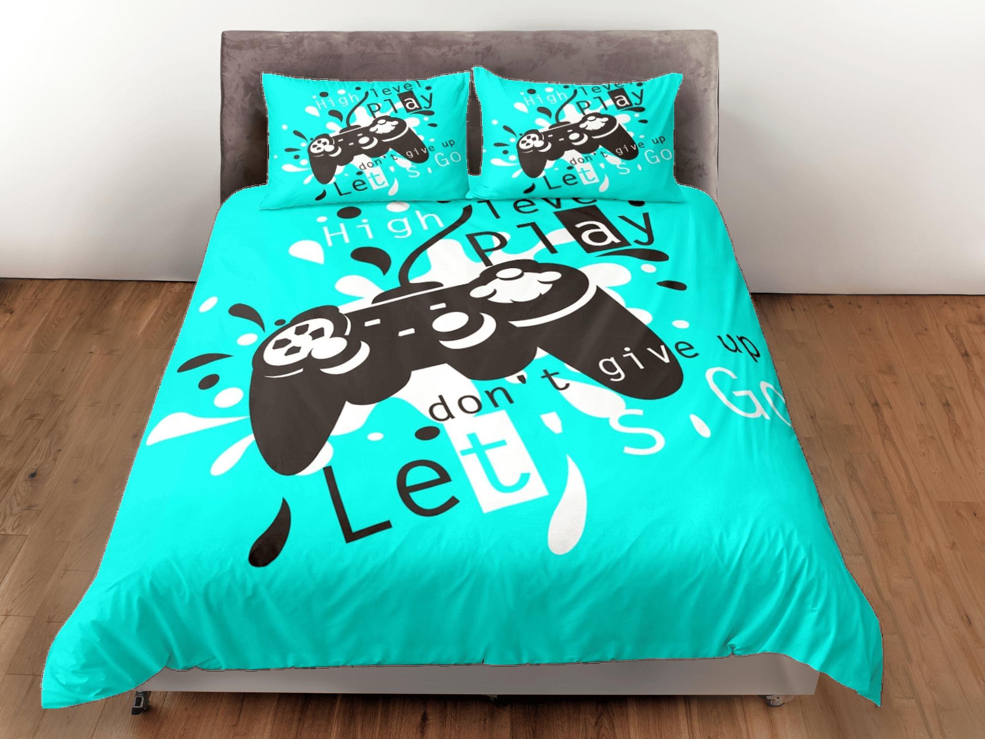 daintyduvet Dont give up gamer bedding cyan blue duvet cover, video gamer boyfriend gift bedding set full king queen twin, boys bedroom, dorm bedding