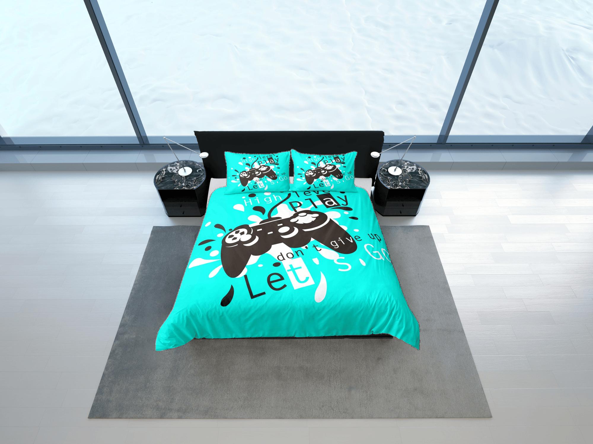 daintyduvet Dont give up gamer bedding cyan blue duvet cover, video gamer boyfriend gift bedding set full king queen twin, boys bedroom, dorm bedding