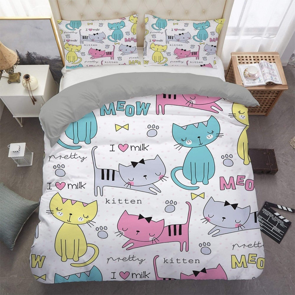 daintyduvet Doodle style colorful cat bedding, toddler bedding, kids duvet cover set, gift for cat lovers, baby bedding, baby shower gift
