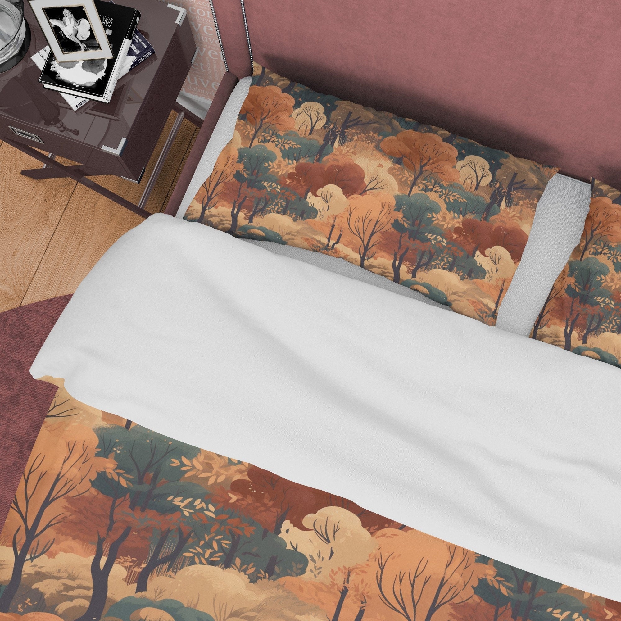 Dried Forest Rustic Duvet Cover Fall Bedding Set, Warm Autumn Colors Printed Quilt Cover, Foliage Bedspread, Boho Brown Blanket Cover