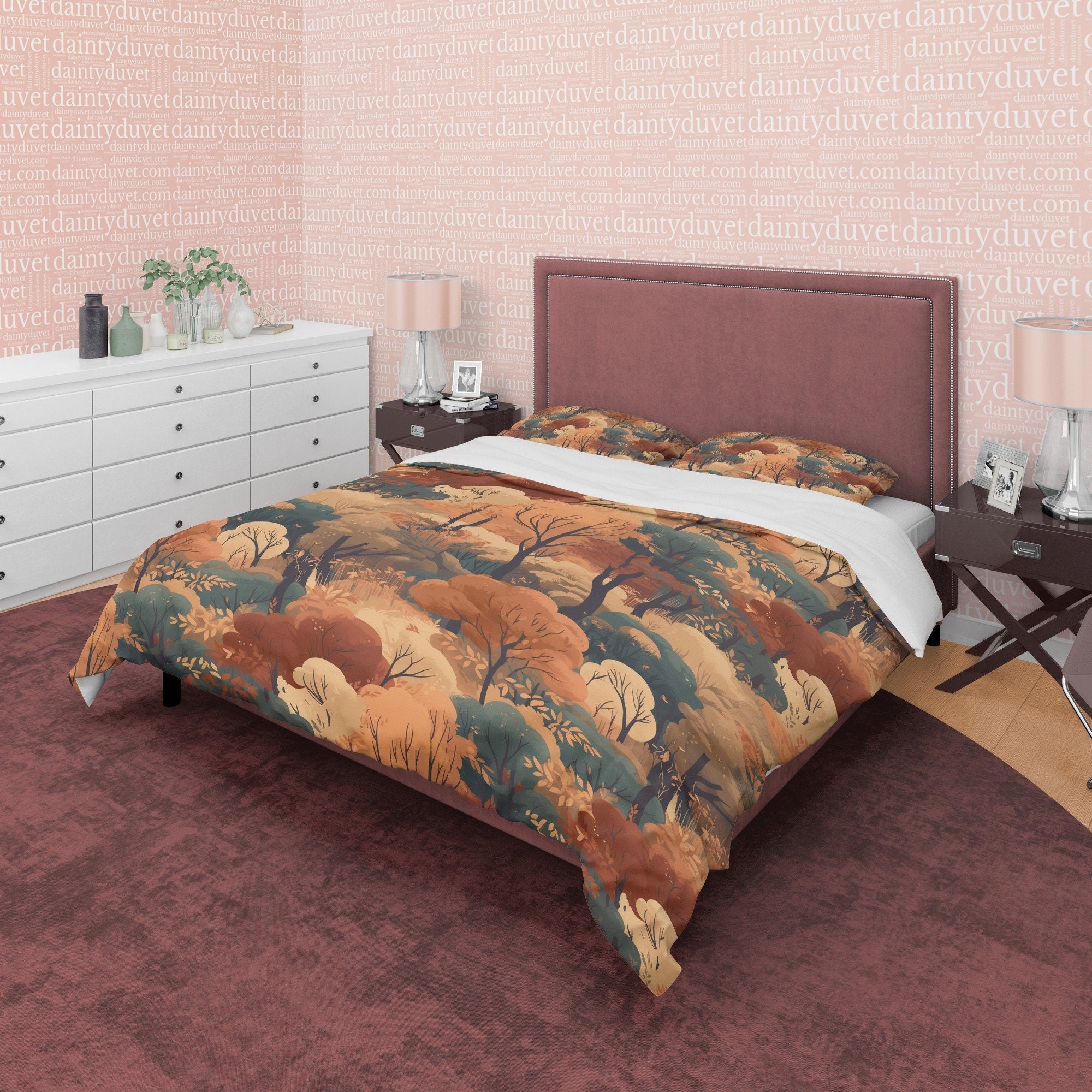 Dried Forest Rustic Duvet Cover Fall Bedding Set, Warm Autumn Colors Printed Quilt Cover, Foliage Bedspread, Boho Brown Blanket Cover