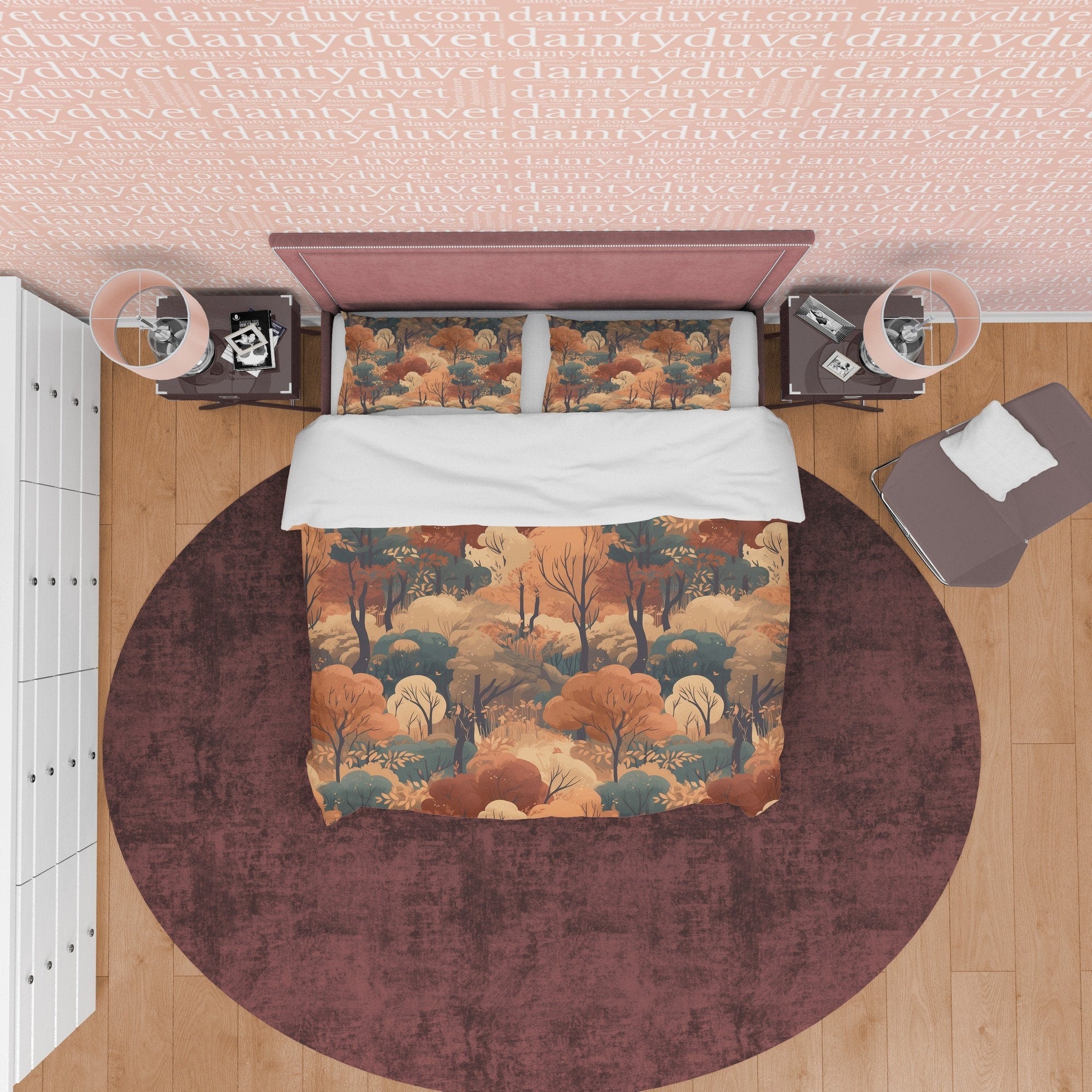 Dried Forest Rustic Duvet Cover Fall Bedding Set, Warm Autumn Colors Printed Quilt Cover, Foliage Bedspread, Boho Brown Blanket Cover
