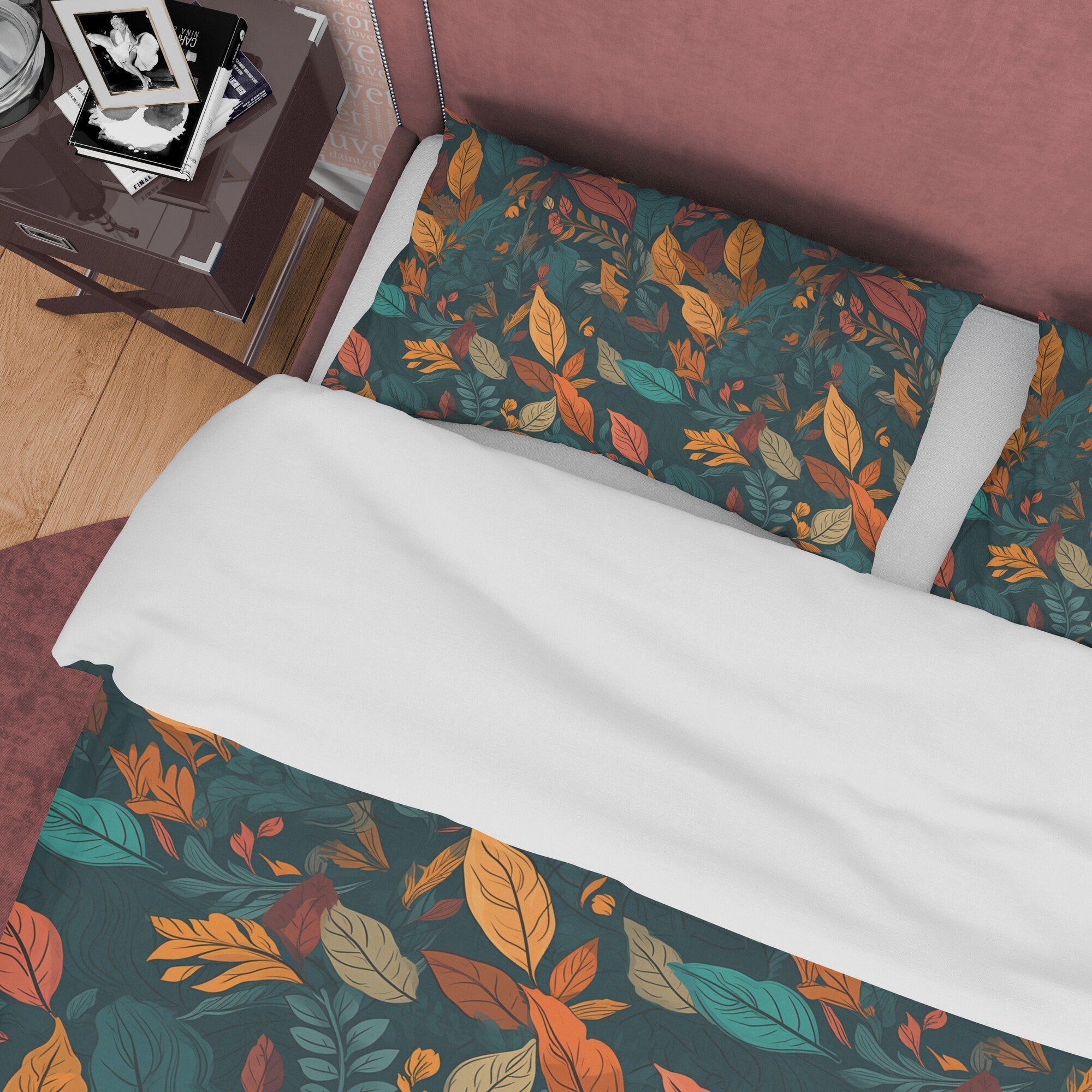 Dried Leaf Fall Duvet Cover Cozy Autumn Aesthetic Bedding Set, Warm Colors Printed Quilt Cover, Green And Yellow Plant Blanket Cover