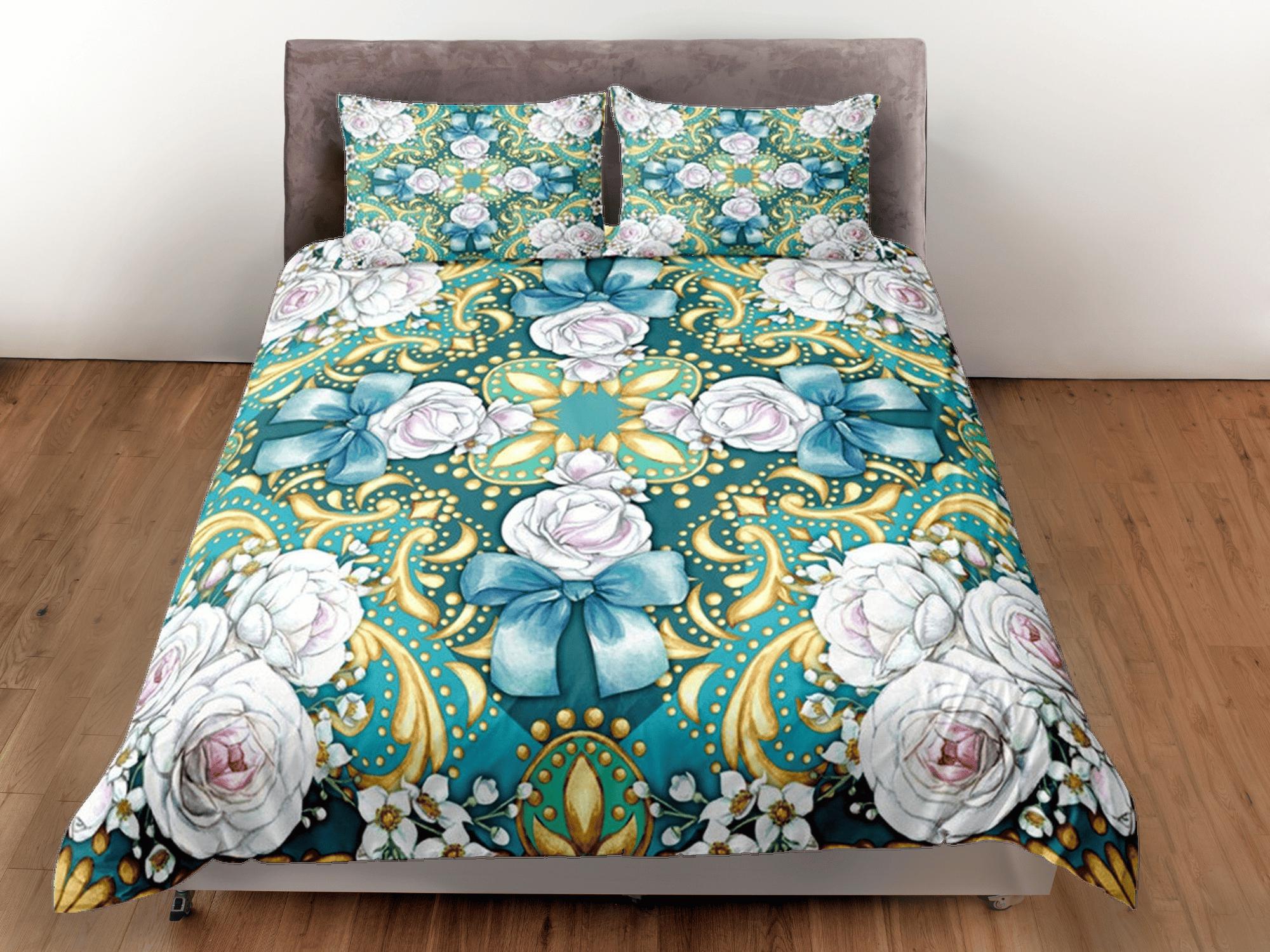 daintyduvet Elegant Roses Green Duvet Cover Set Bedspread, Floral Dorm Bedding Pillowcase
