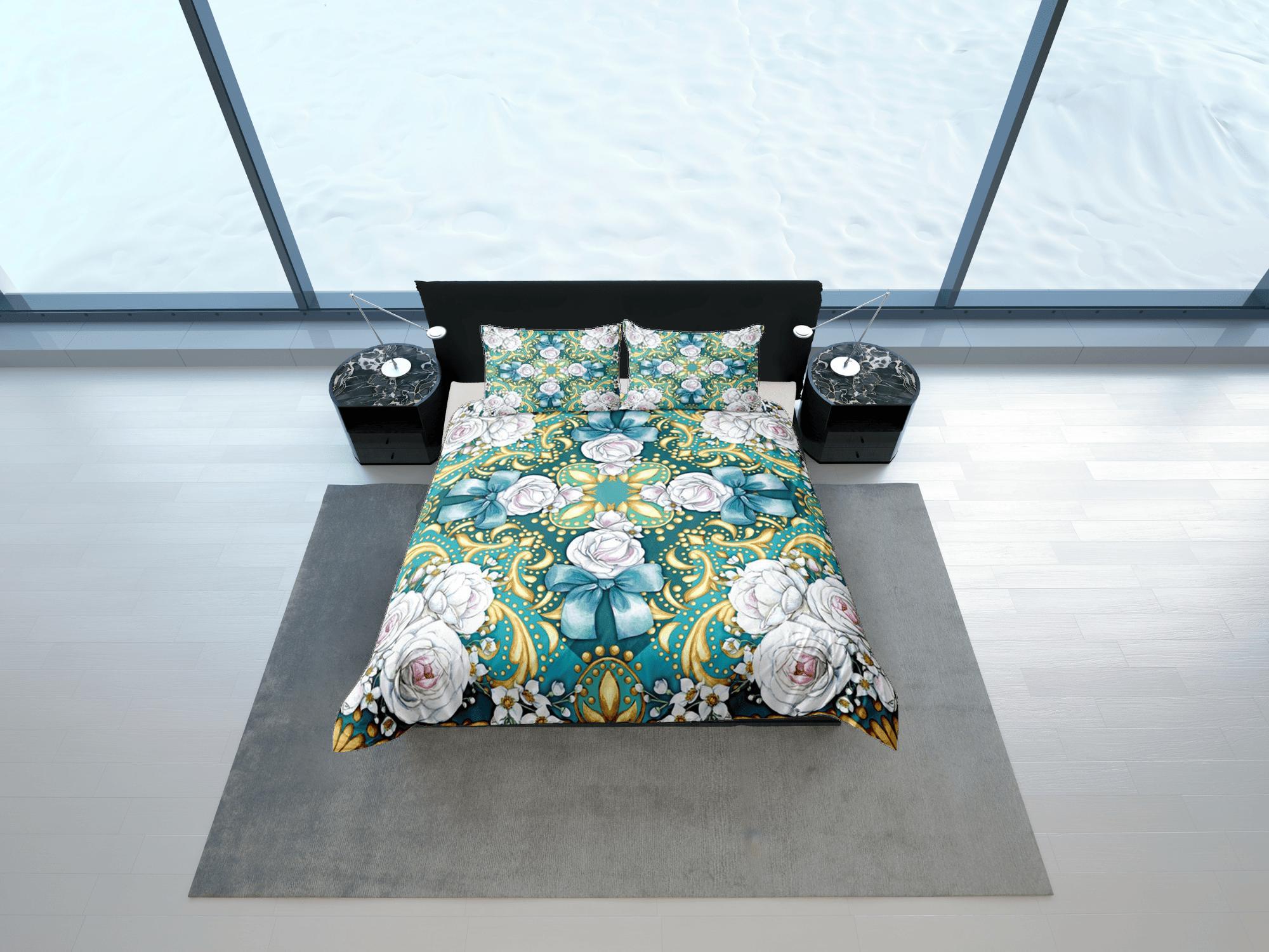 daintyduvet Elegant Roses Green Duvet Cover Set Bedspread, Floral Dorm Bedding Pillowcase