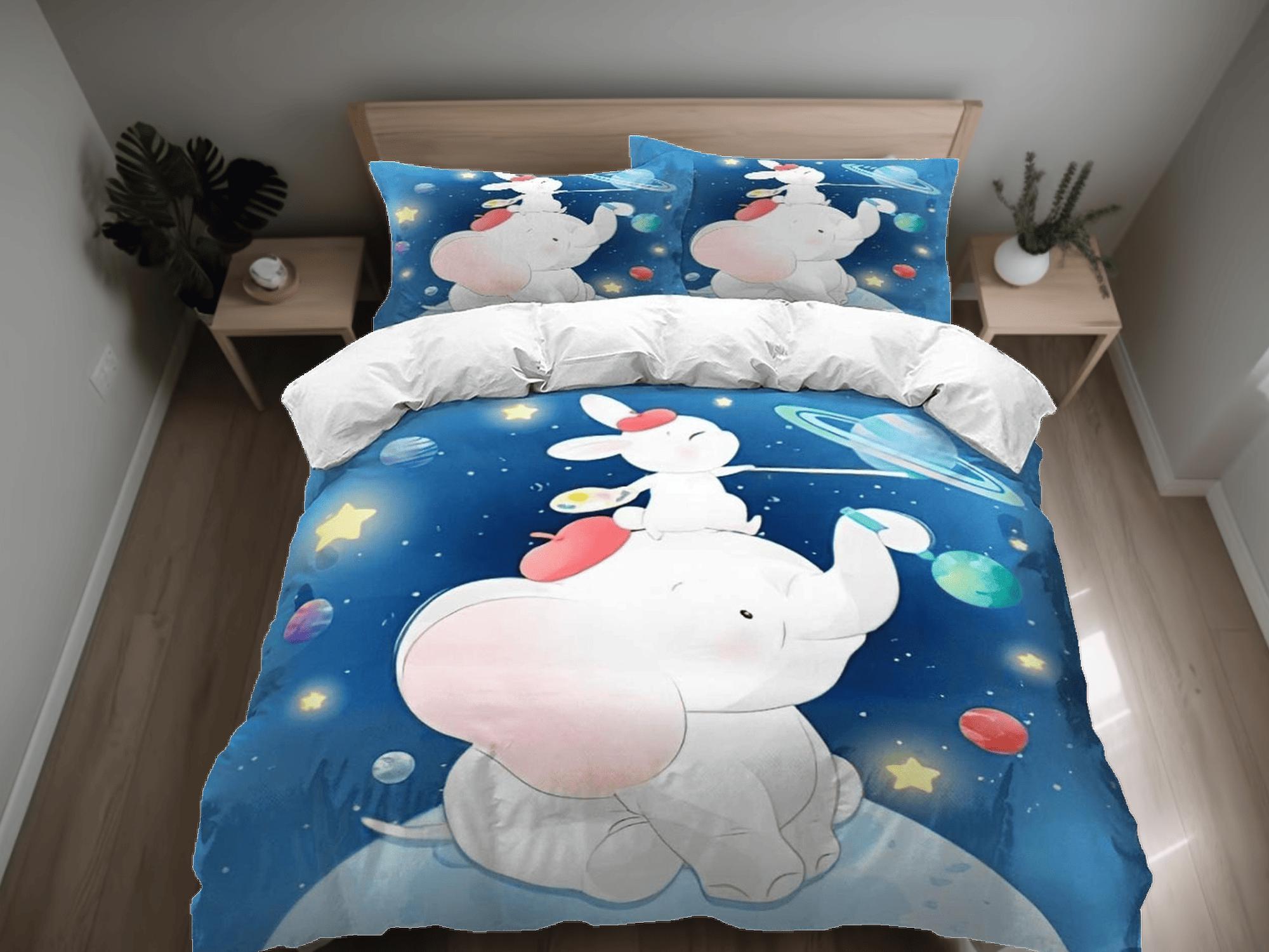 daintyduvet Elephant and bunny in galaxy bedding cute duvet cover set, kids bedding full, nursery bed decor, elephant baby shower, toddler bedding