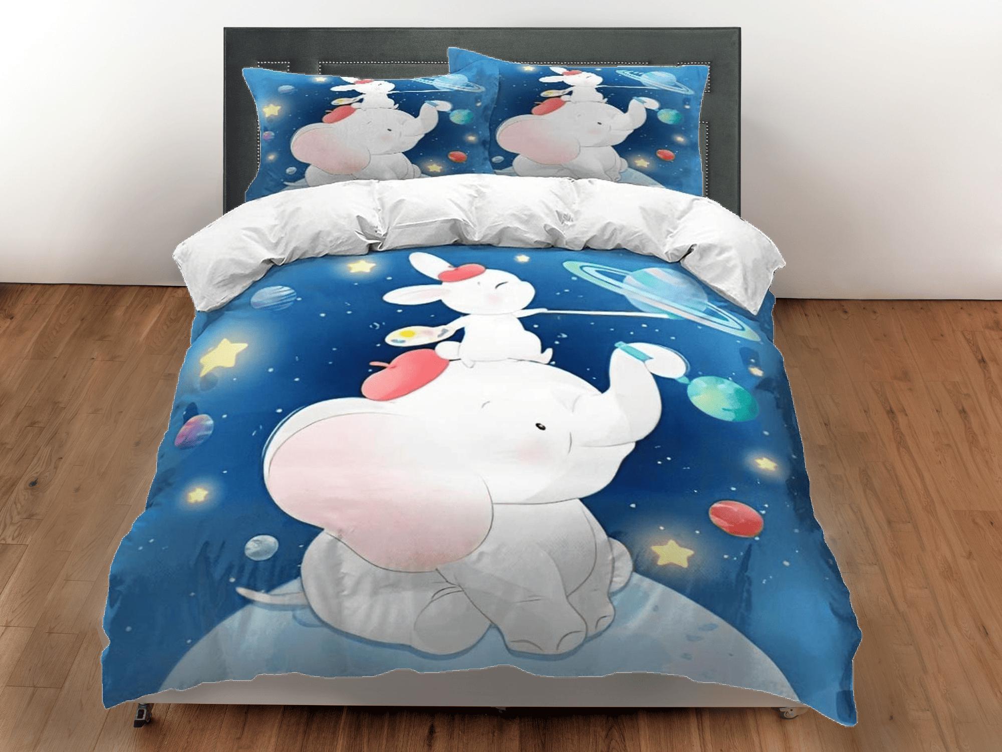 daintyduvet Elephant and bunny in galaxy bedding cute duvet cover set, kids bedding full, nursery bed decor, elephant baby shower, toddler bedding