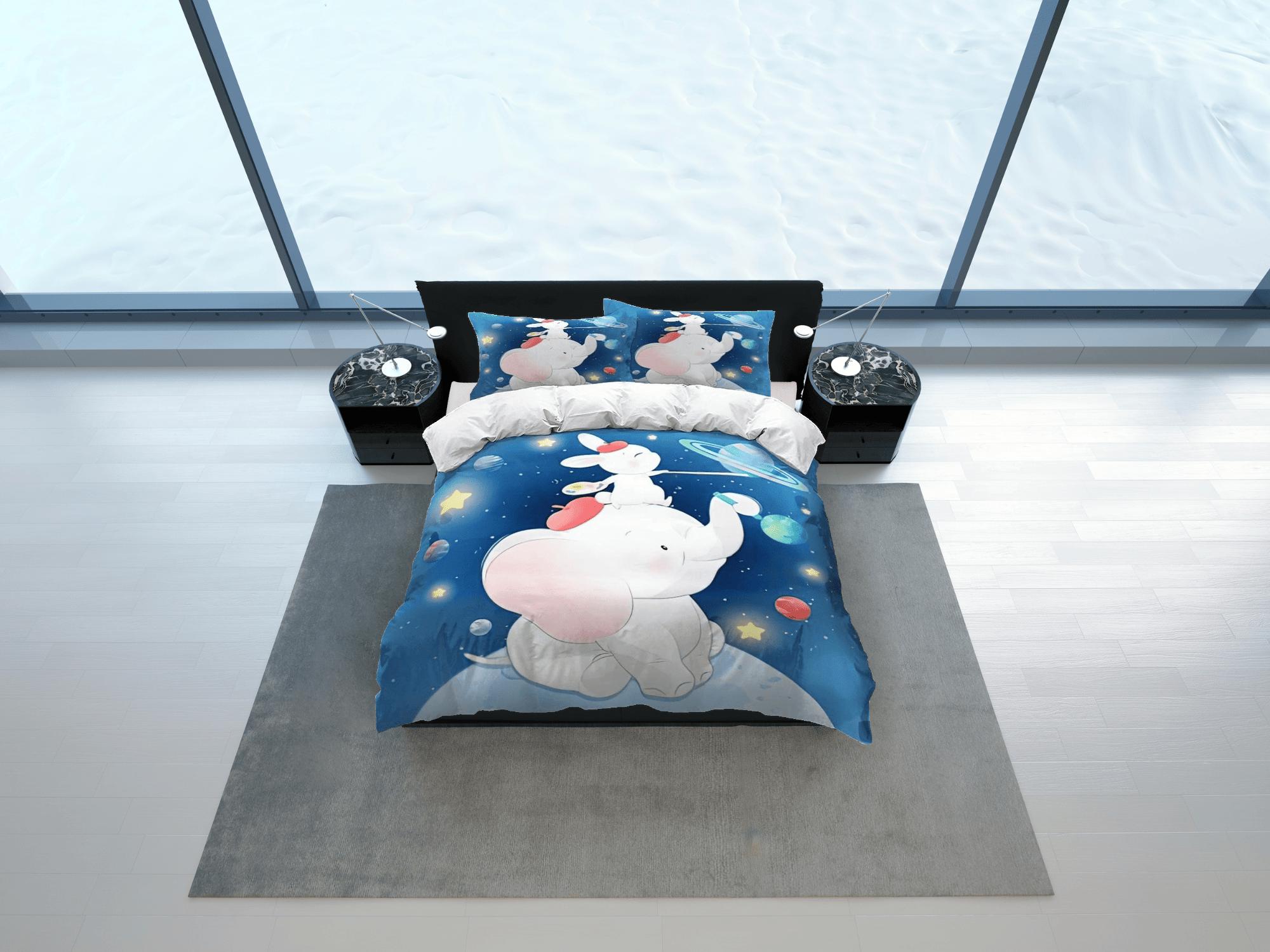 daintyduvet Elephant and bunny in galaxy bedding cute duvet cover set, kids bedding full, nursery bed decor, elephant baby shower, toddler bedding