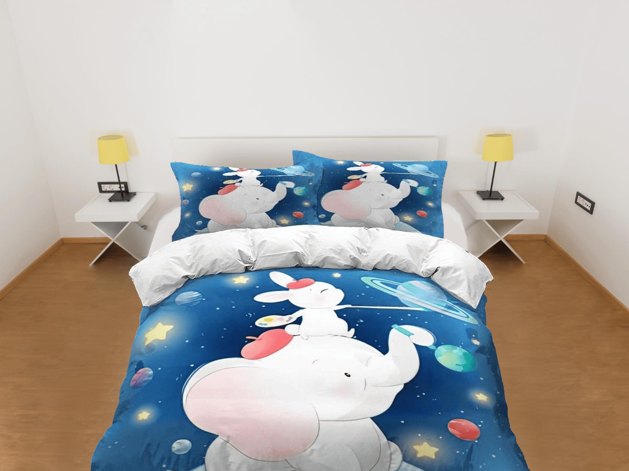 daintyduvet Elephant and bunny in galaxy bedding cute duvet cover set, kids bedding full, nursery bed decor, elephant baby shower, toddler bedding