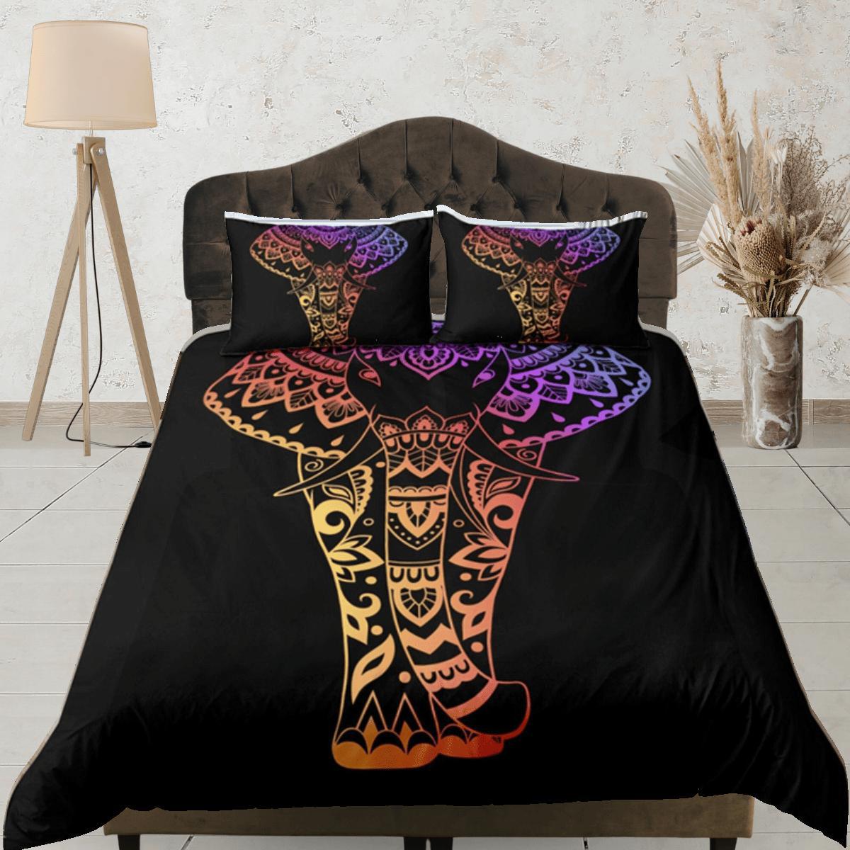 daintyduvet Elephant Black Duvet Cover Set Boho Bedspread, Bohemian Dorm Bedding & Pillowcase