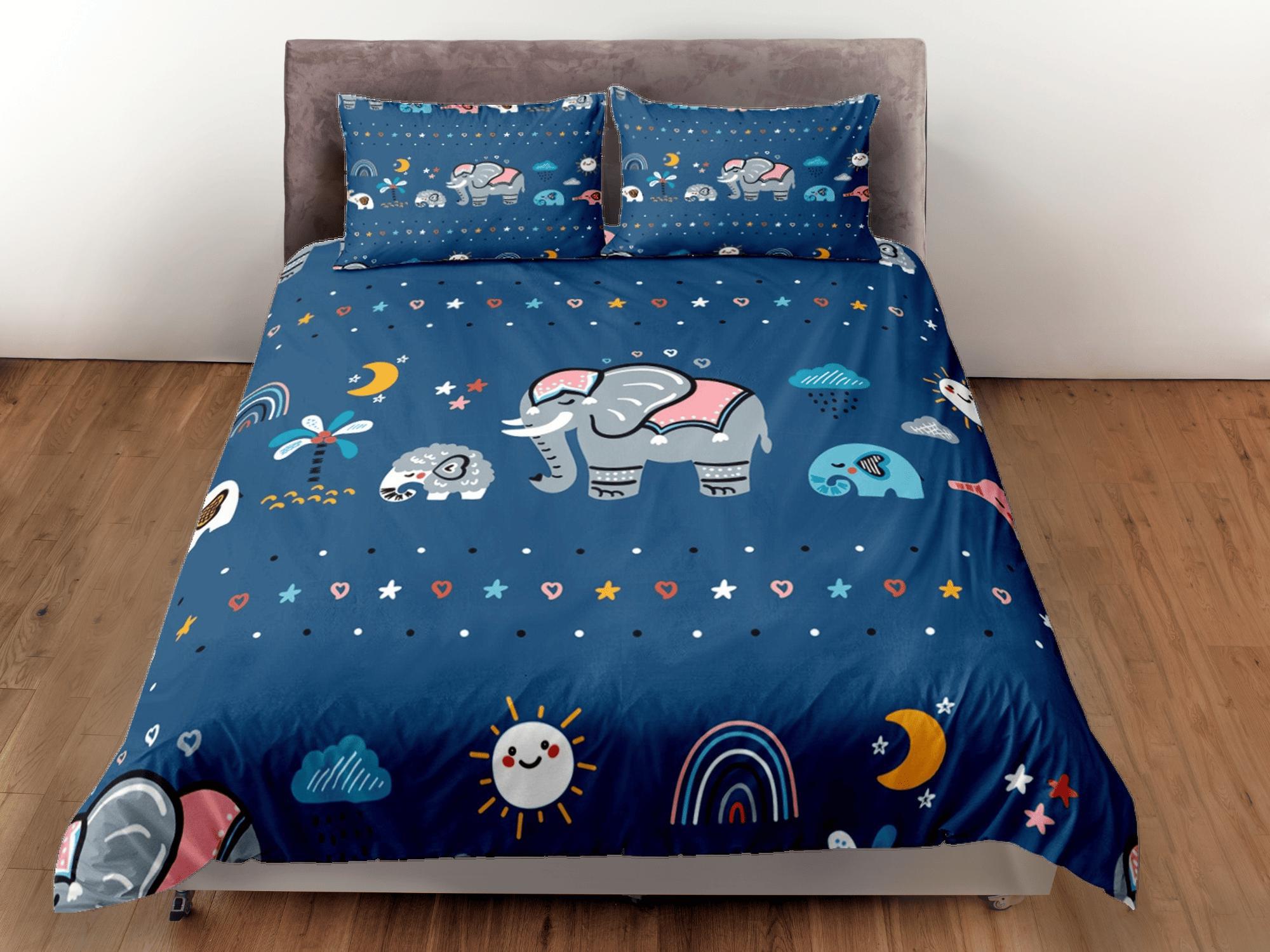 daintyduvet Elephant Blue Duvet Cover Set Colorful Bedspread, Kids Full Bedding Set with Pillowcase, Comforter Cover Twin