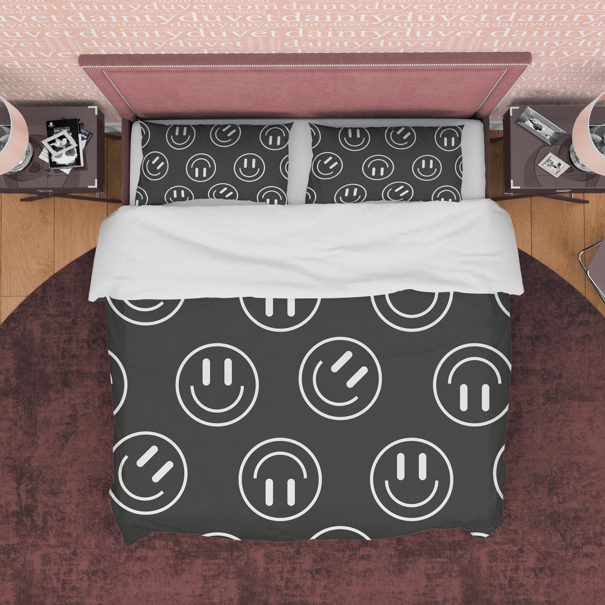 Emoji Black and White Duvet Cover Set, Happy Face Blanket Cover Retro Printed Bedding Set, 90s Nostalgia Quilt Cover, Groovy Bedspread