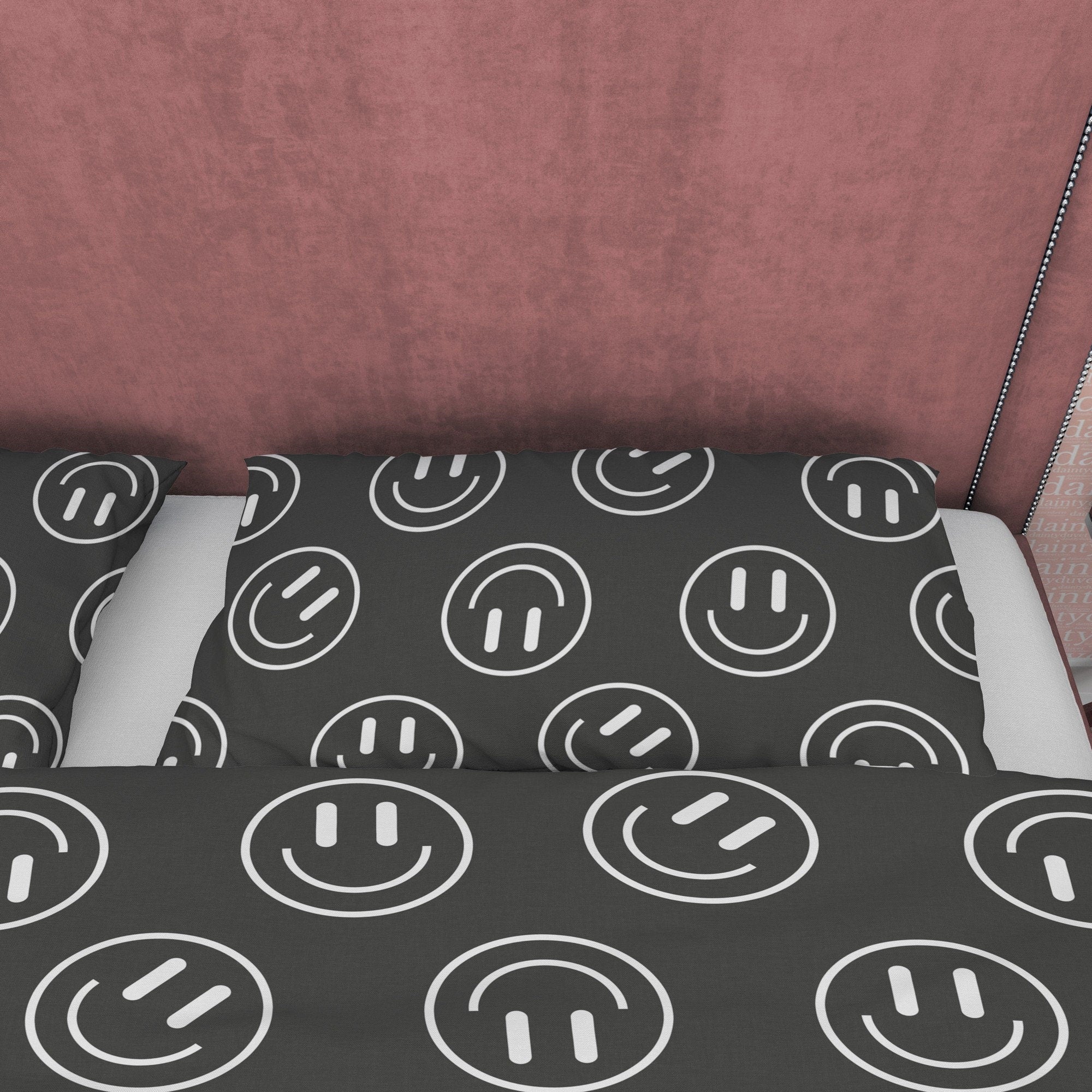 Emoji Black and White Duvet Cover Set, Happy Face Blanket Cover Retro Printed Bedding Set, 90s Nostalgia Quilt Cover, Groovy Bedspread