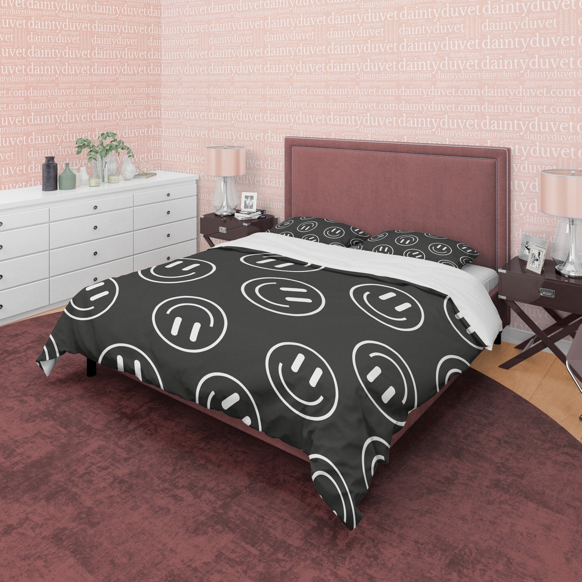 Emoji Black and White Duvet Cover Set, Happy Face Blanket Cover Retro Printed Bedding Set, 90s Nostalgia Quilt Cover, Groovy Bedspread