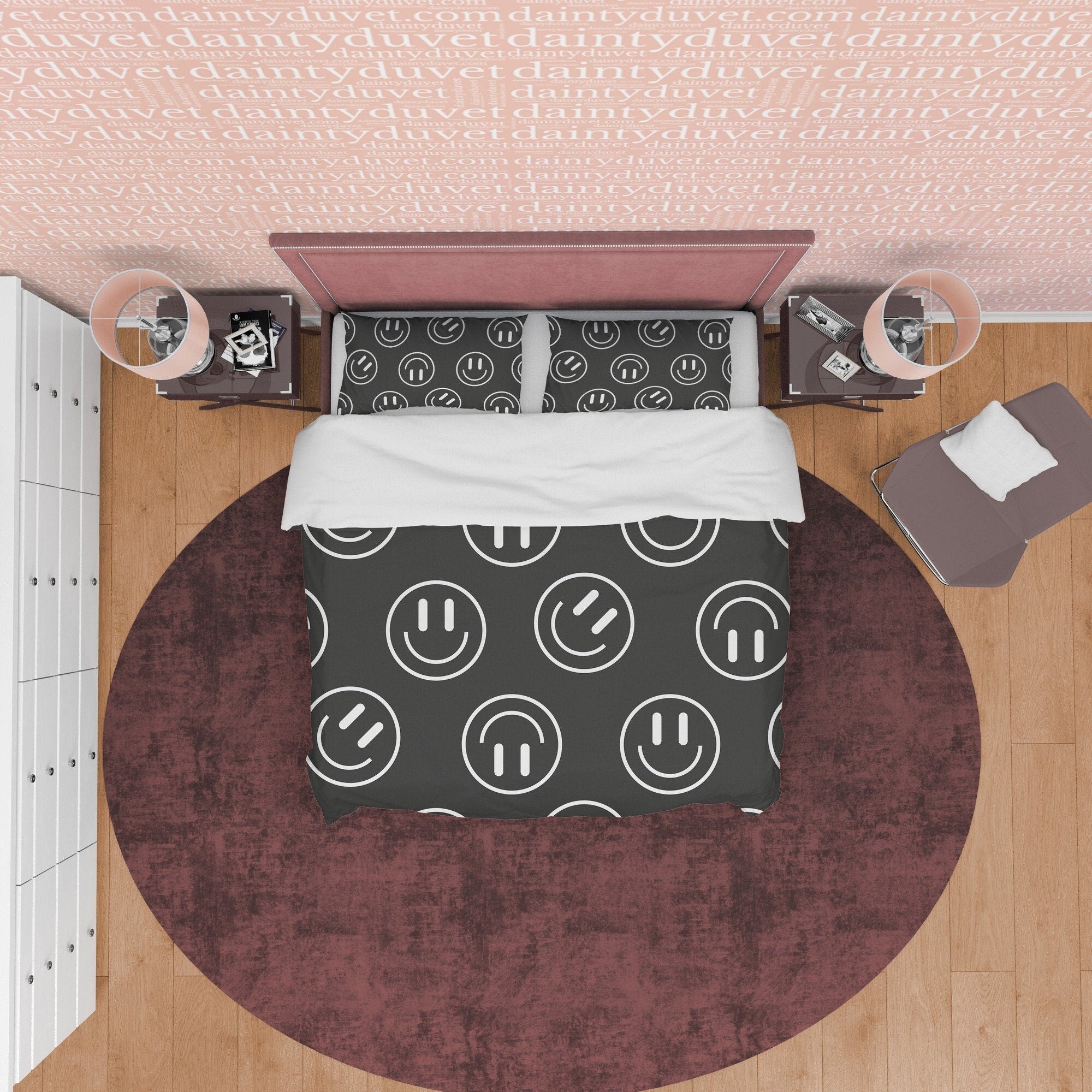 Emoji Black and White Duvet Cover Set, Happy Face Blanket Cover Retro Printed Bedding Set, 90s Nostalgia Quilt Cover, Groovy Bedspread