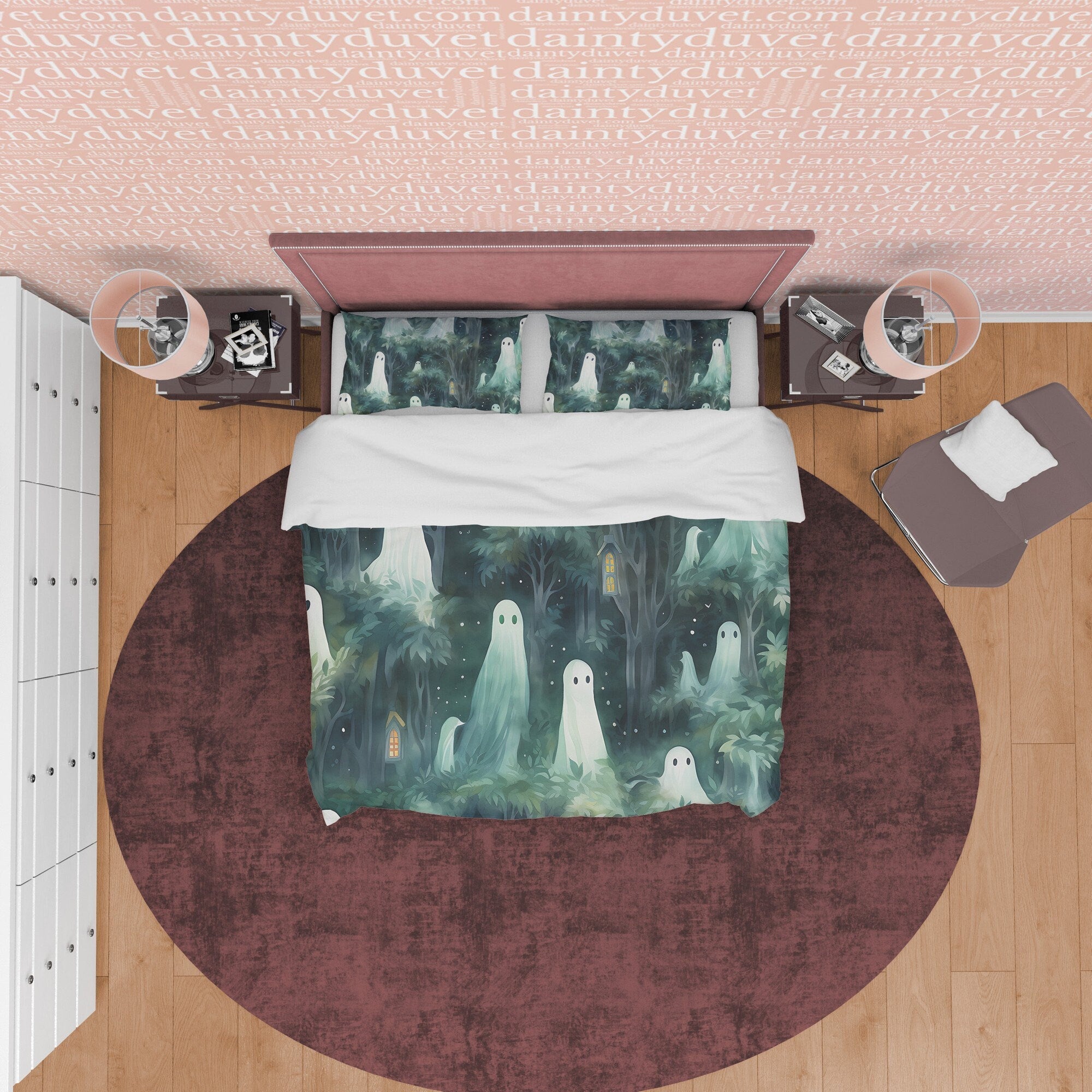 Enchanted Forest Duvet Cover Set, Ghost Quilt Cover Aesthetic Zipper Bedding, Halloween Room Decor, Haunted Midnight Blanket Cover
