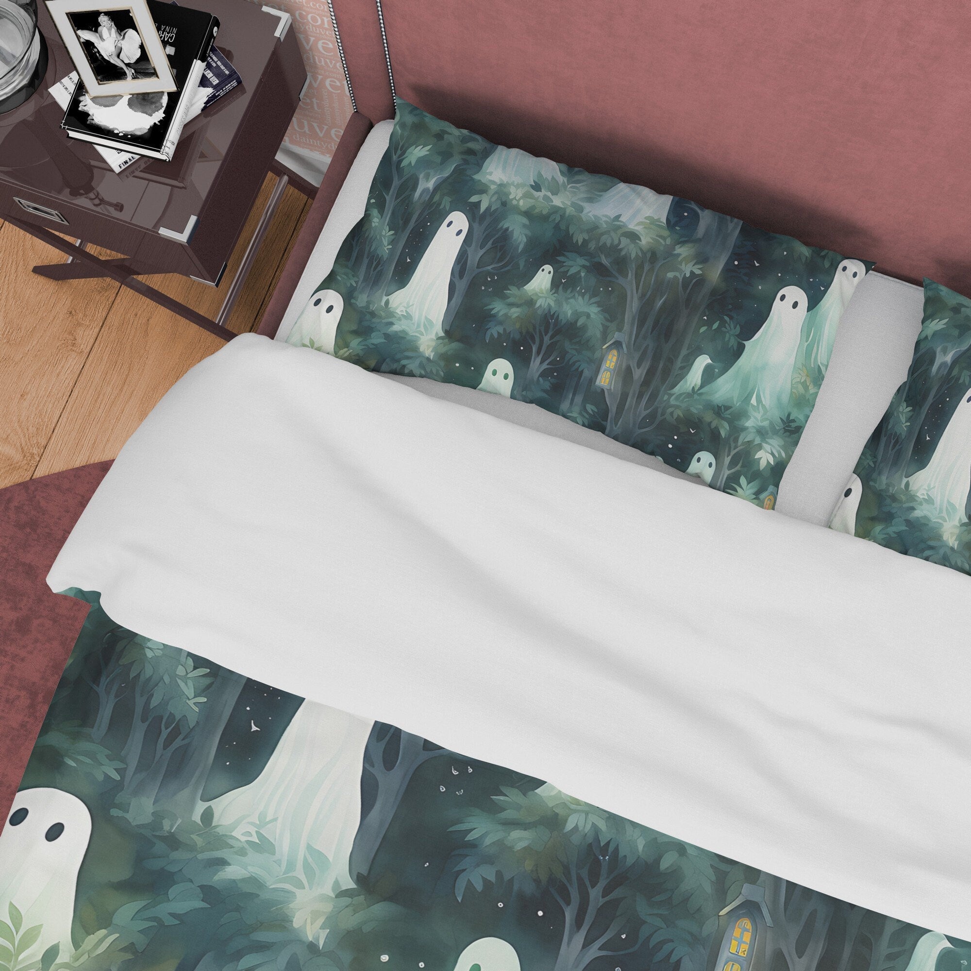 Enchanted Forest Duvet Cover Set, Ghost Quilt Cover Aesthetic Zipper Bedding, Halloween Room Decor, Haunted Midnight Blanket Cover