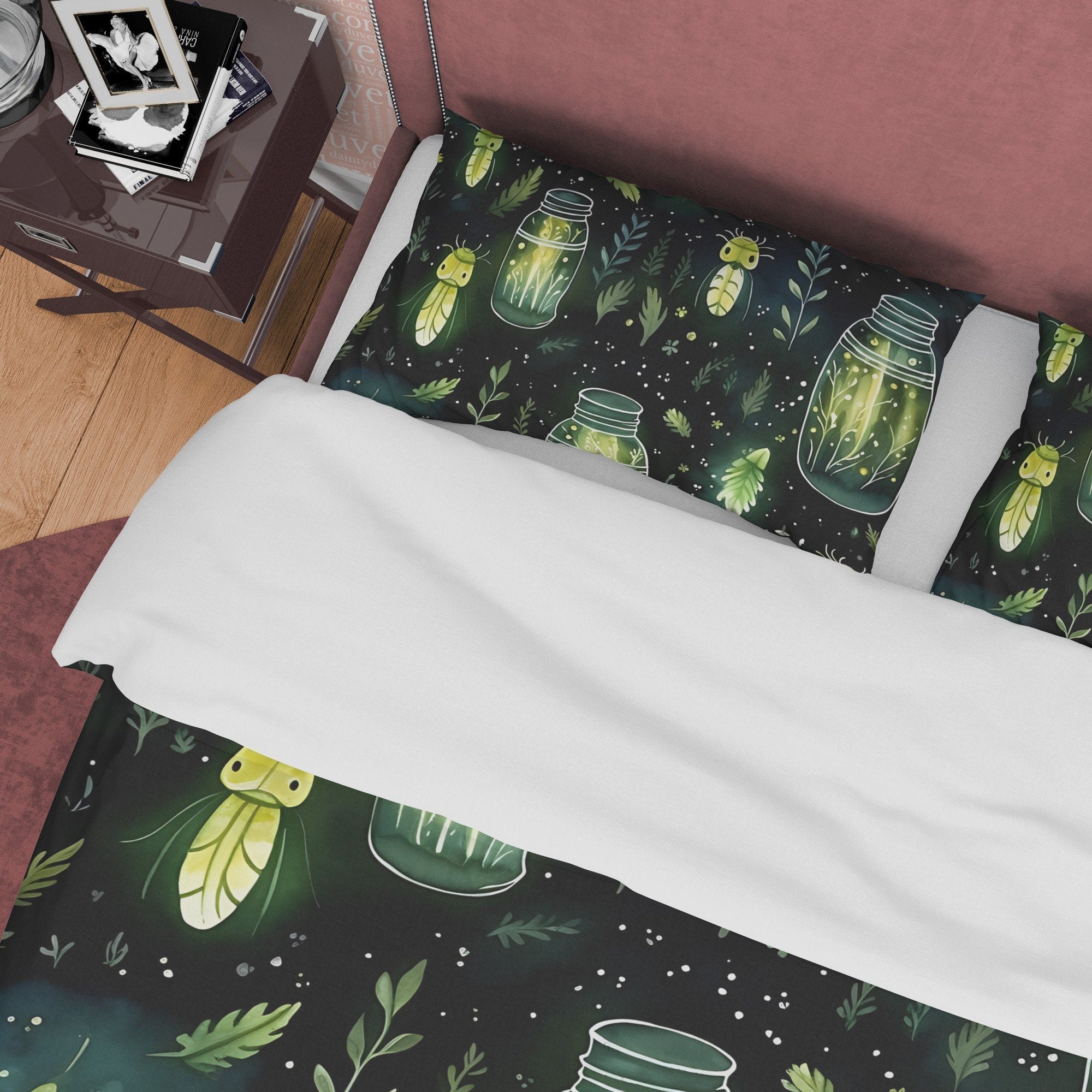Enchanted Insect Jar Duvet Cover Set, Green Mythical Aesthetic Zipper Bedding, Halloween Room Decor, Glowing Leaf Unique Blanket Cover