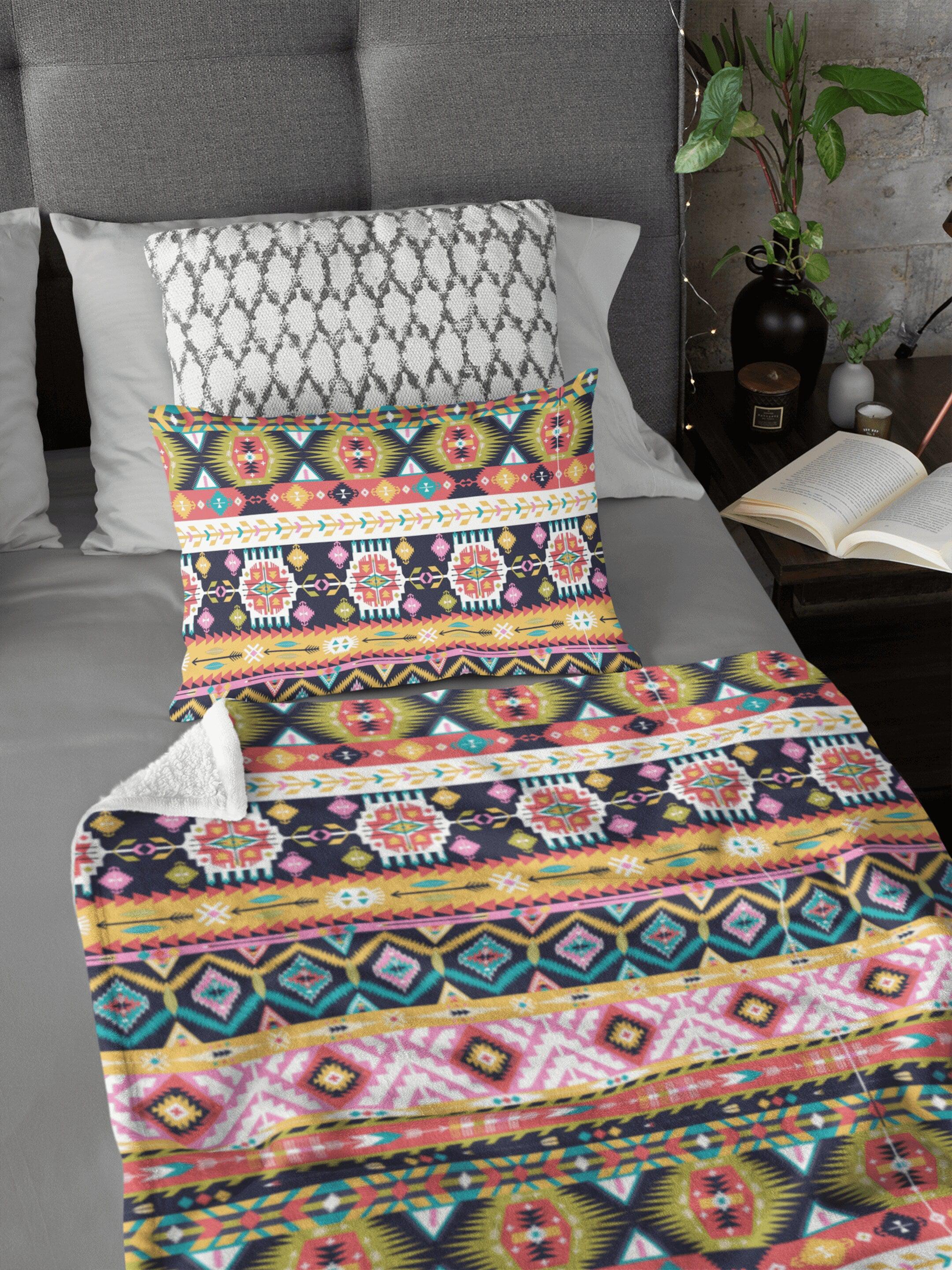 daintyduvet Ethnic Bohemian Blanket Boho Green Brown Soft Fluffy Velvet Flannel Fleece Throw Blanket